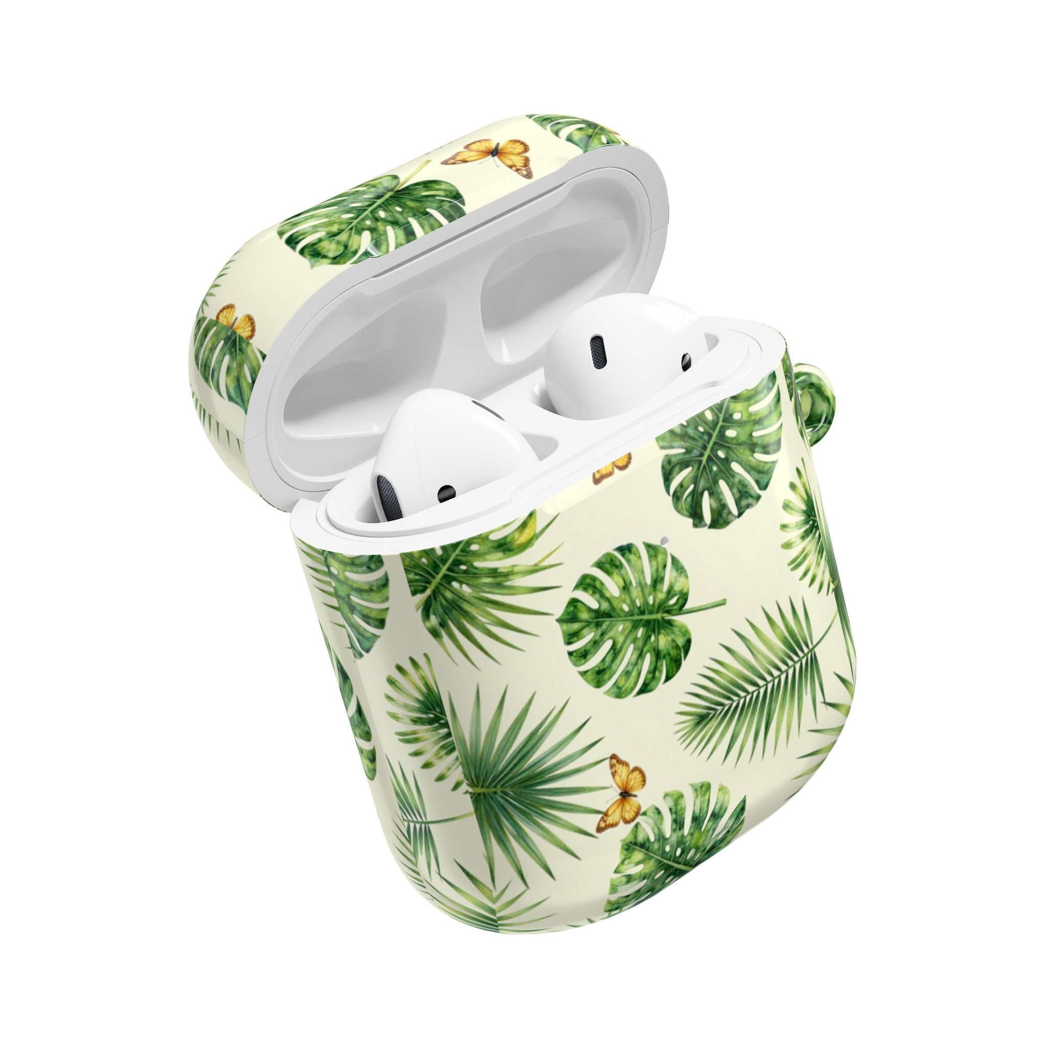 Tropical Leaf AirPod Case — Green Monstera & Palm Leaves with Butterflies