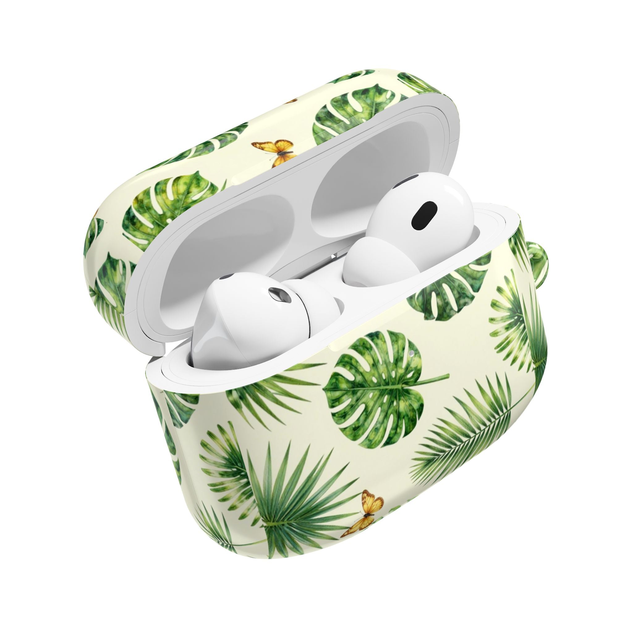 Tropical Leaf AirPod Case — Green Monstera & Palm Leaves with Butterflies