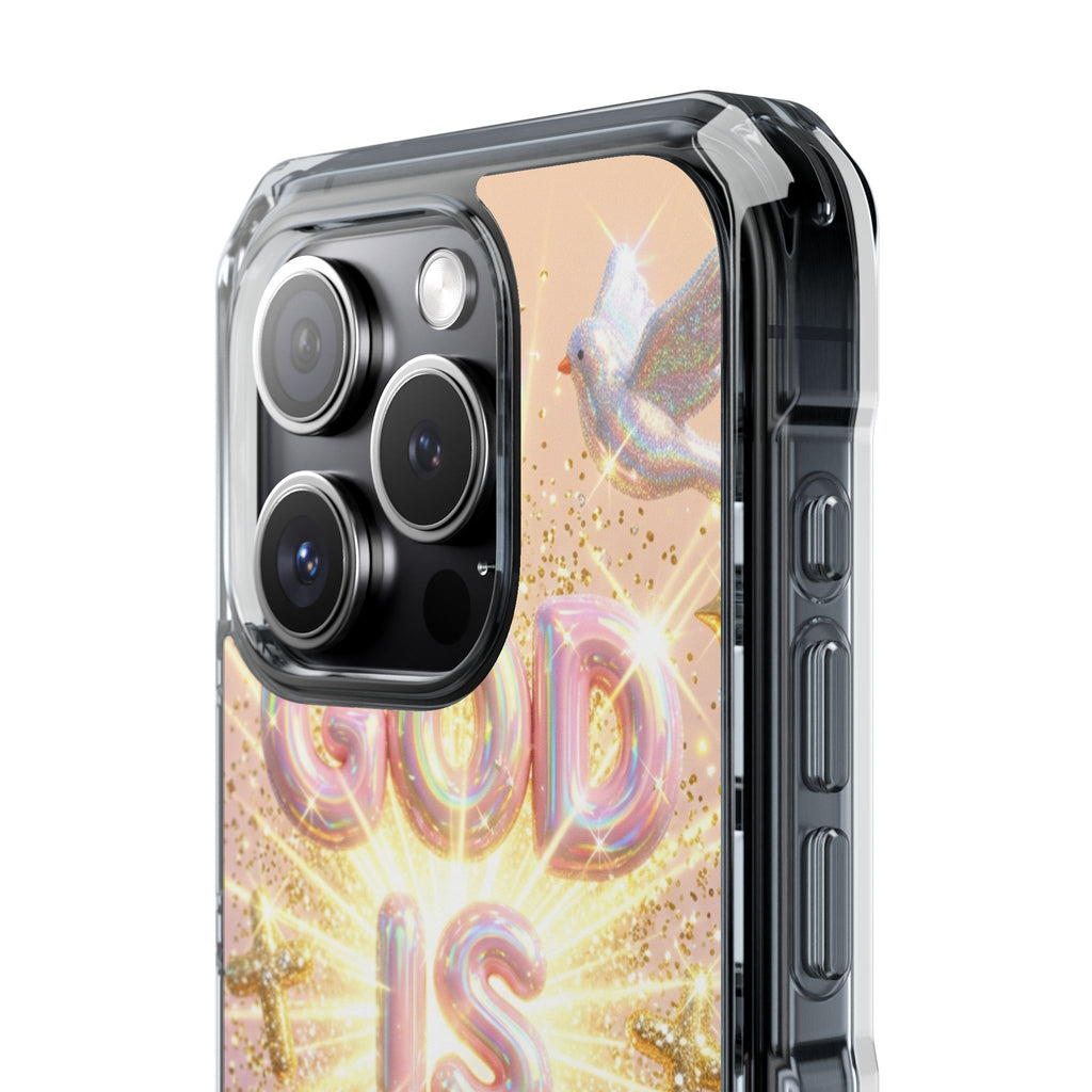 Clear Magnetic Phone Case — "God Is Good" Glitter Cross Design