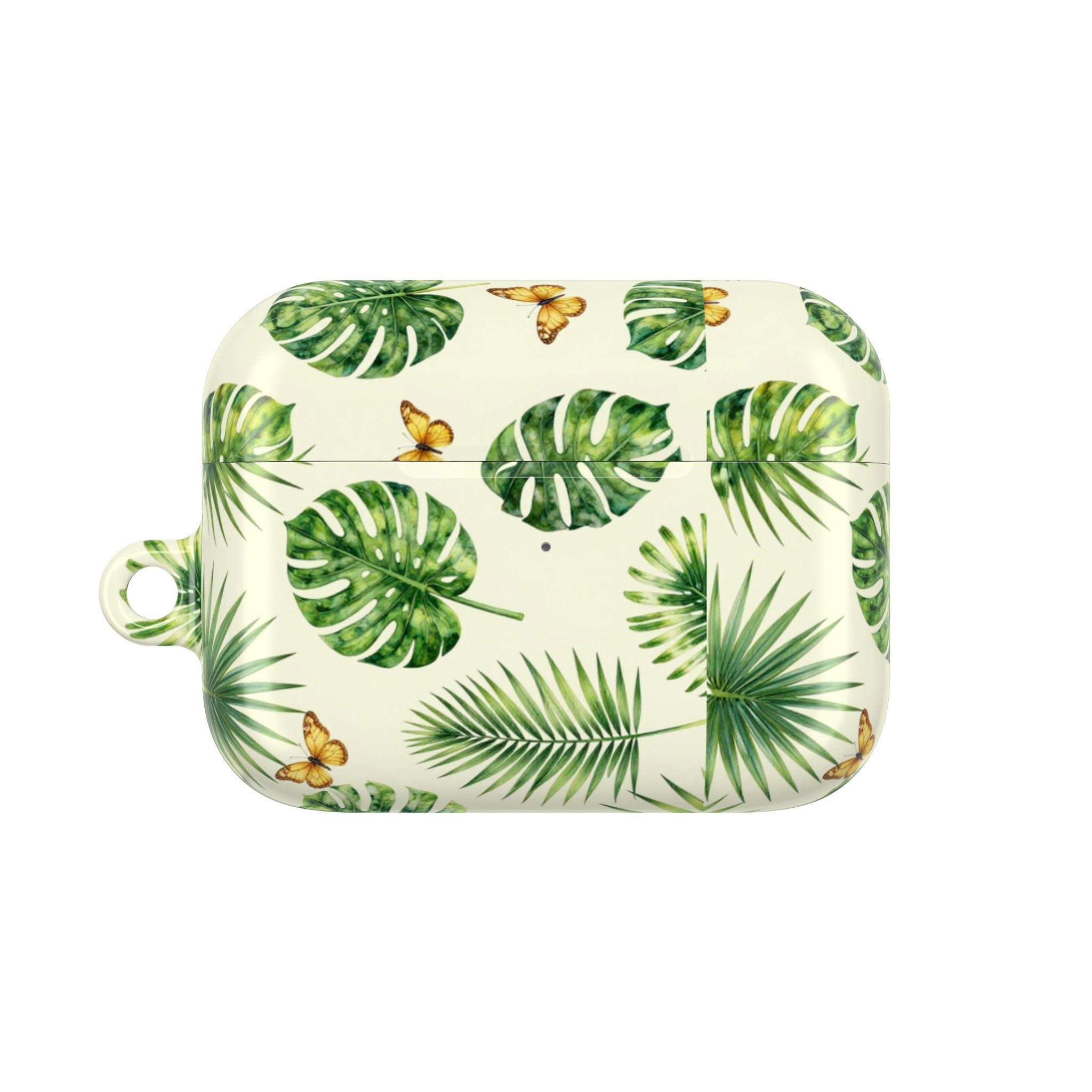 Tropical Leaf AirPod Case — Green Monstera & Palm Leaves with Butterflies