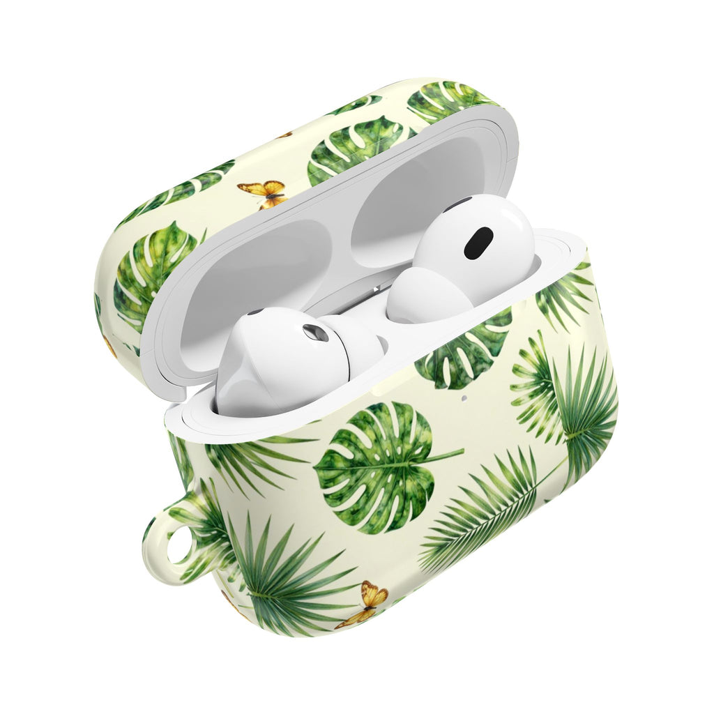 Tropical Leaf AirPod Case — Green Monstera & Palm Leaves with Butterflies