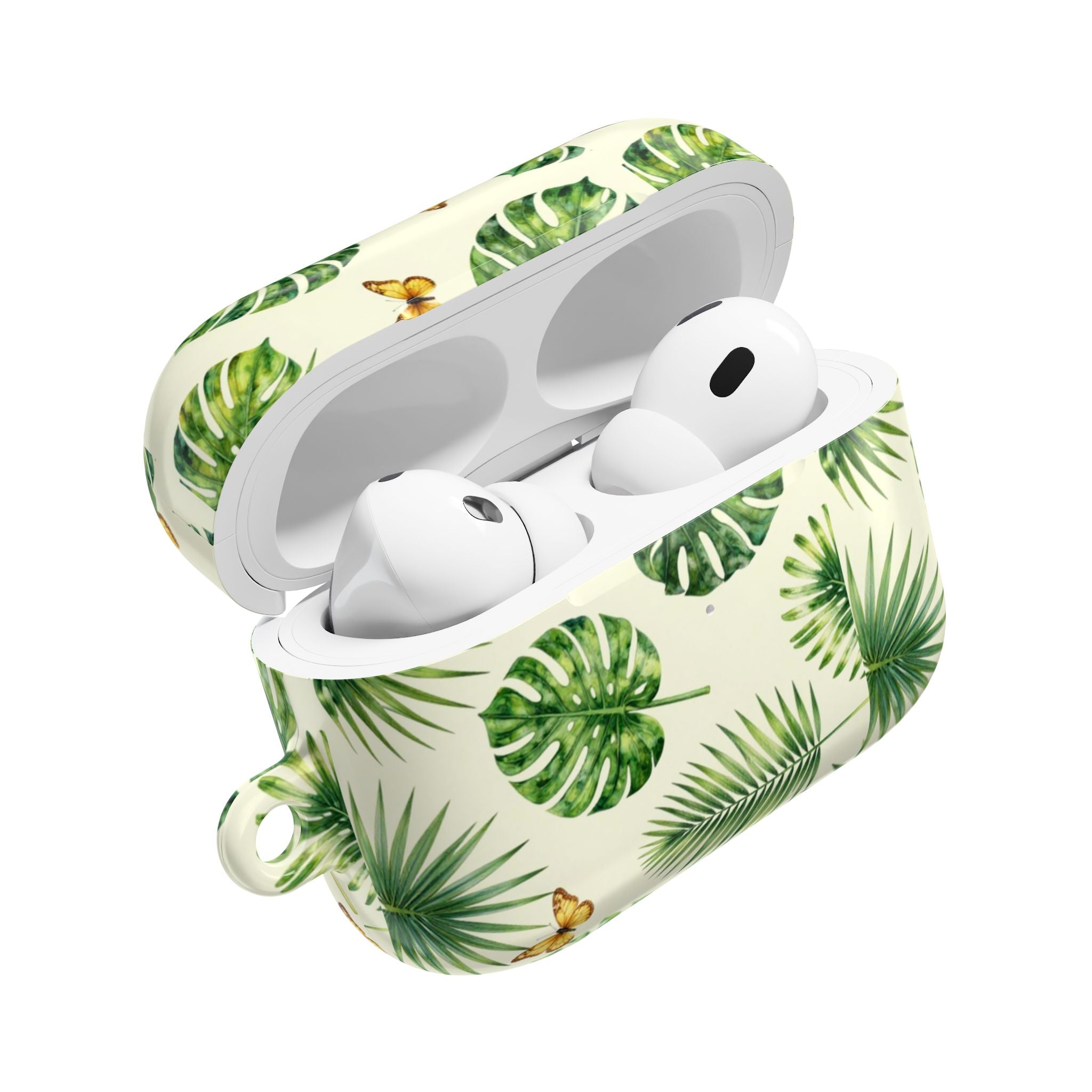 Tropical Leaf AirPod Case — Green Monstera & Palm Leaves with Butterflies