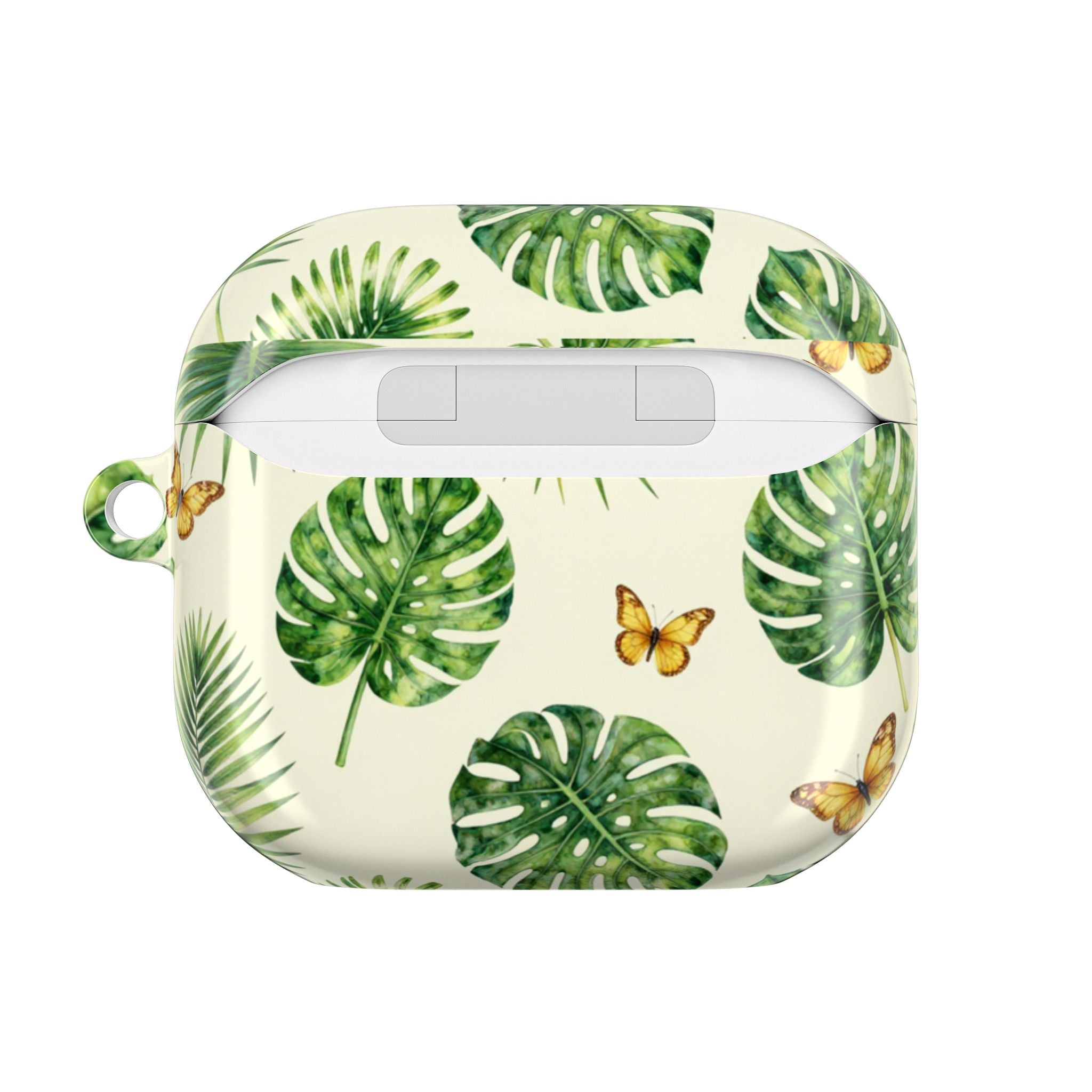 Tropical Leaf AirPod Case — Green Monstera & Palm Leaves with Butterflies