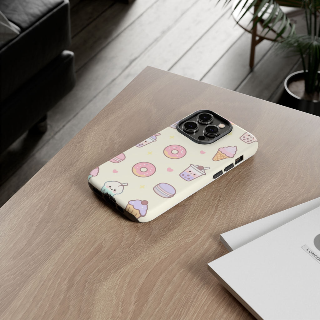 Kawaii Sweets Pattern Phone Case — Cute Donut, Cupcake & Bubble Tea Tough Case