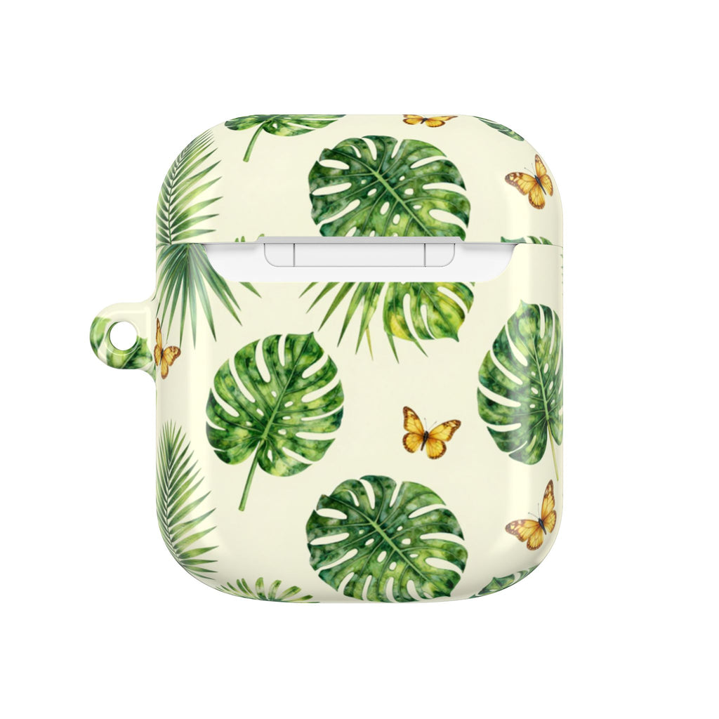 Tropical Leaf AirPod Case — Green Monstera & Palm Leaves with Butterflies