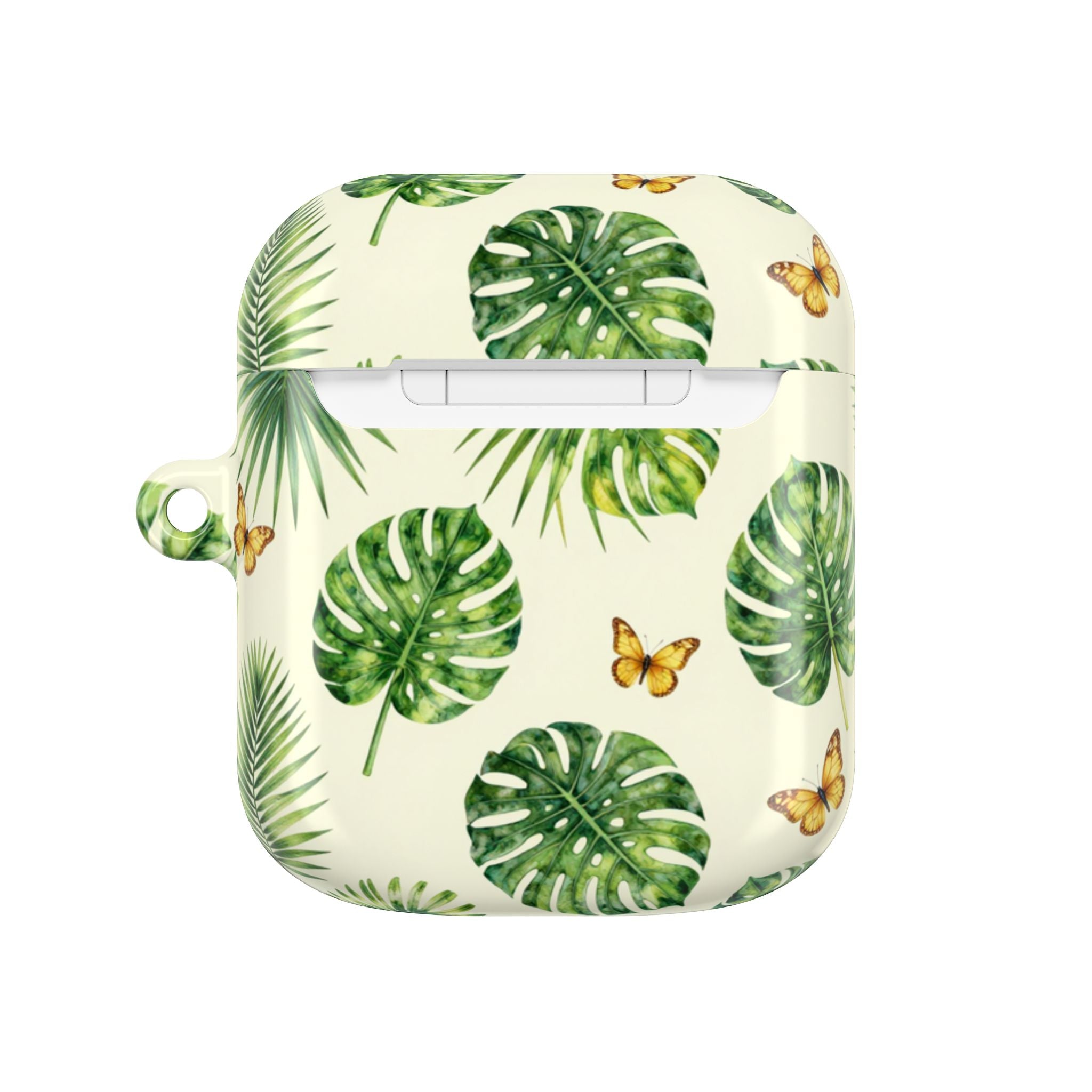 Tropical Leaf AirPod Case — Green Monstera & Palm Leaves with Butterflies