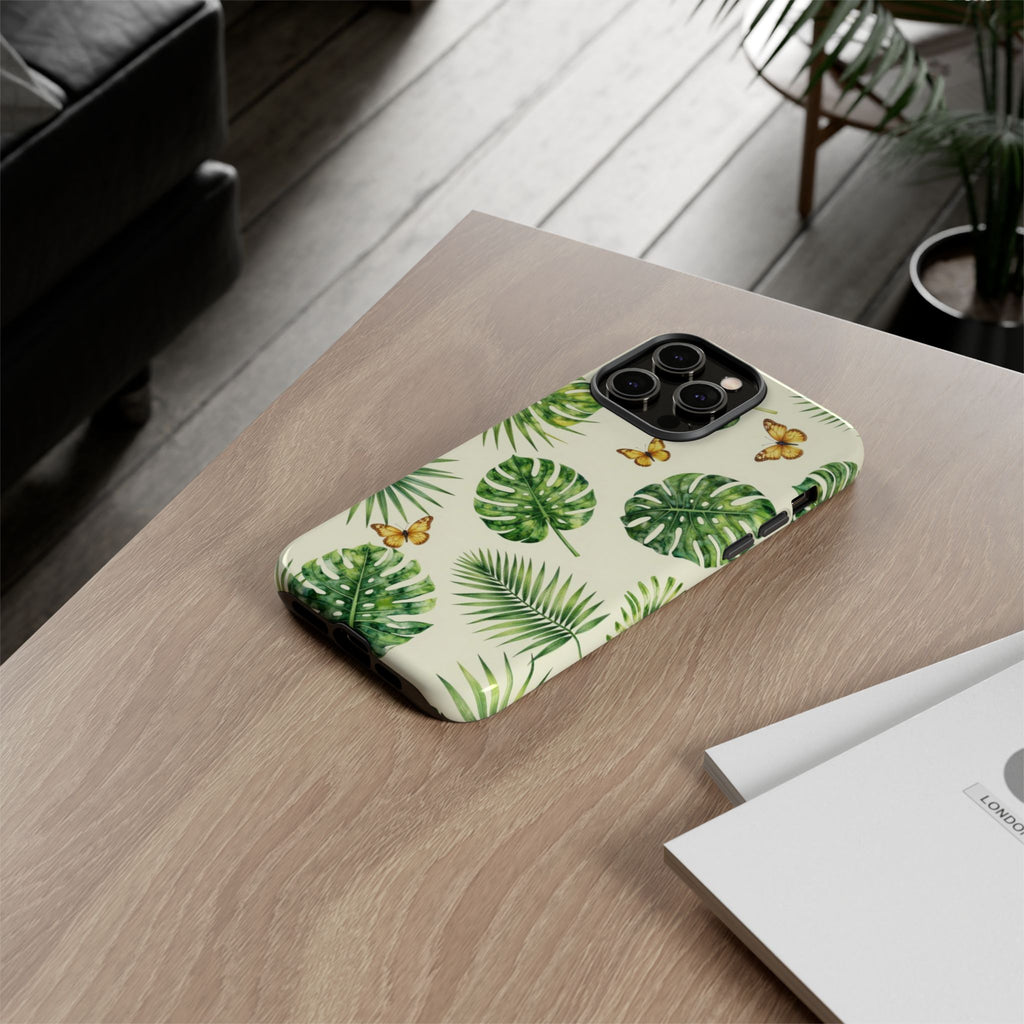 Green Monstera & Palm Leaves with Butterflies Case