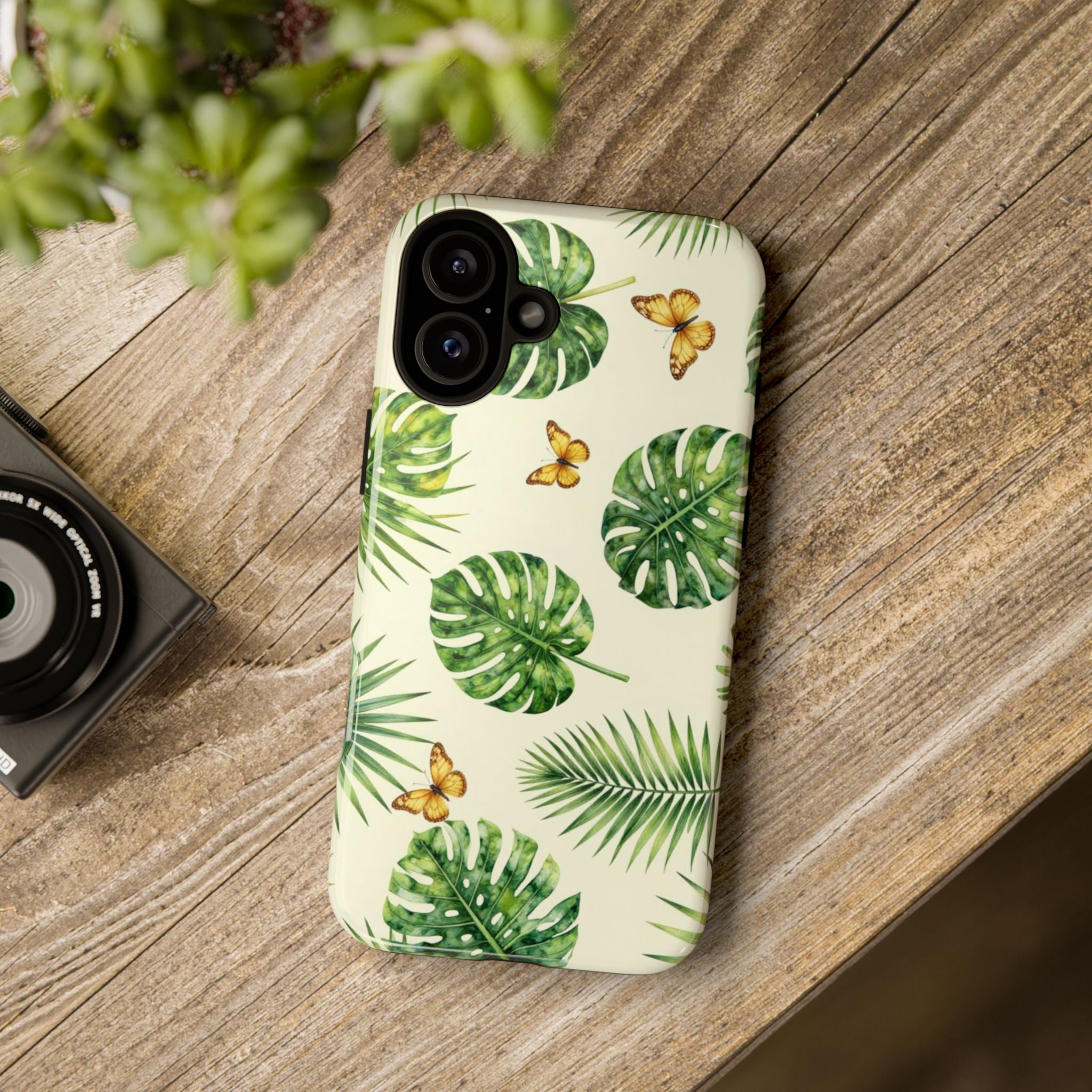 Green Monstera & Palm Leaves with Butterflies Case