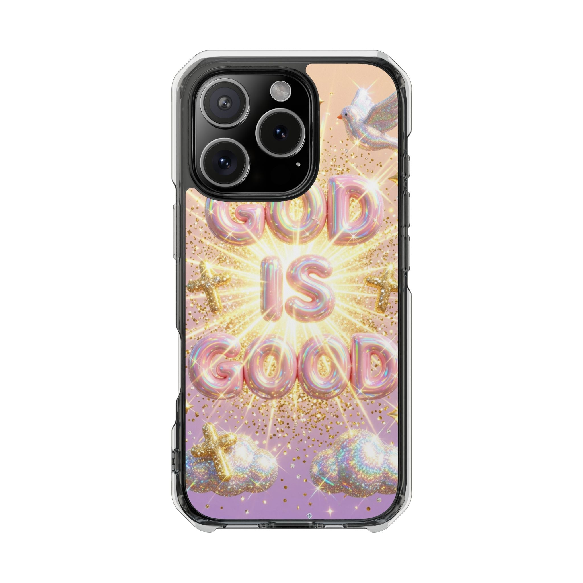 Clear Magnetic Phone Case — "God Is Good" Glitter Cross Design