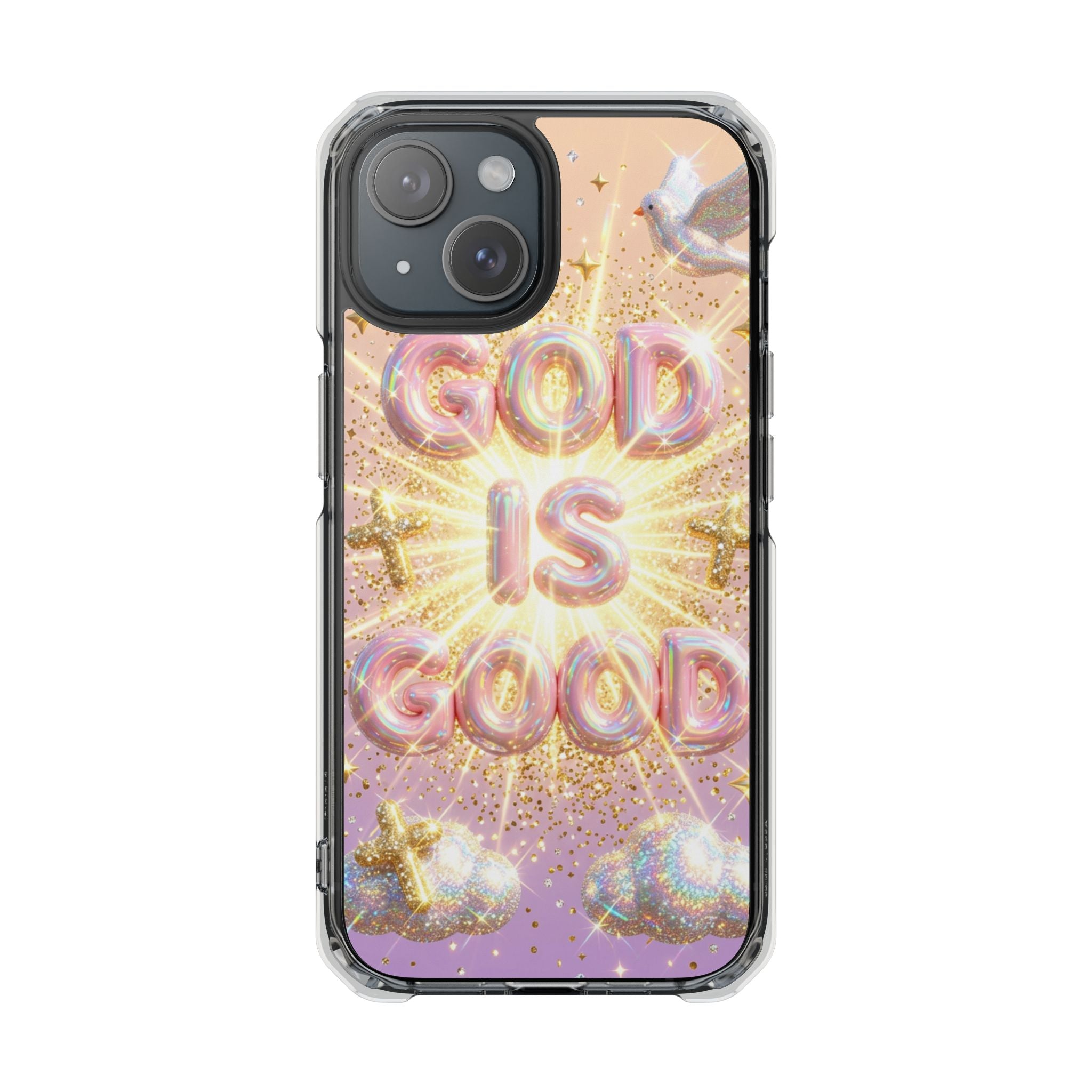 Clear Magnetic Phone Case — "God Is Good" Glitter Cross Design