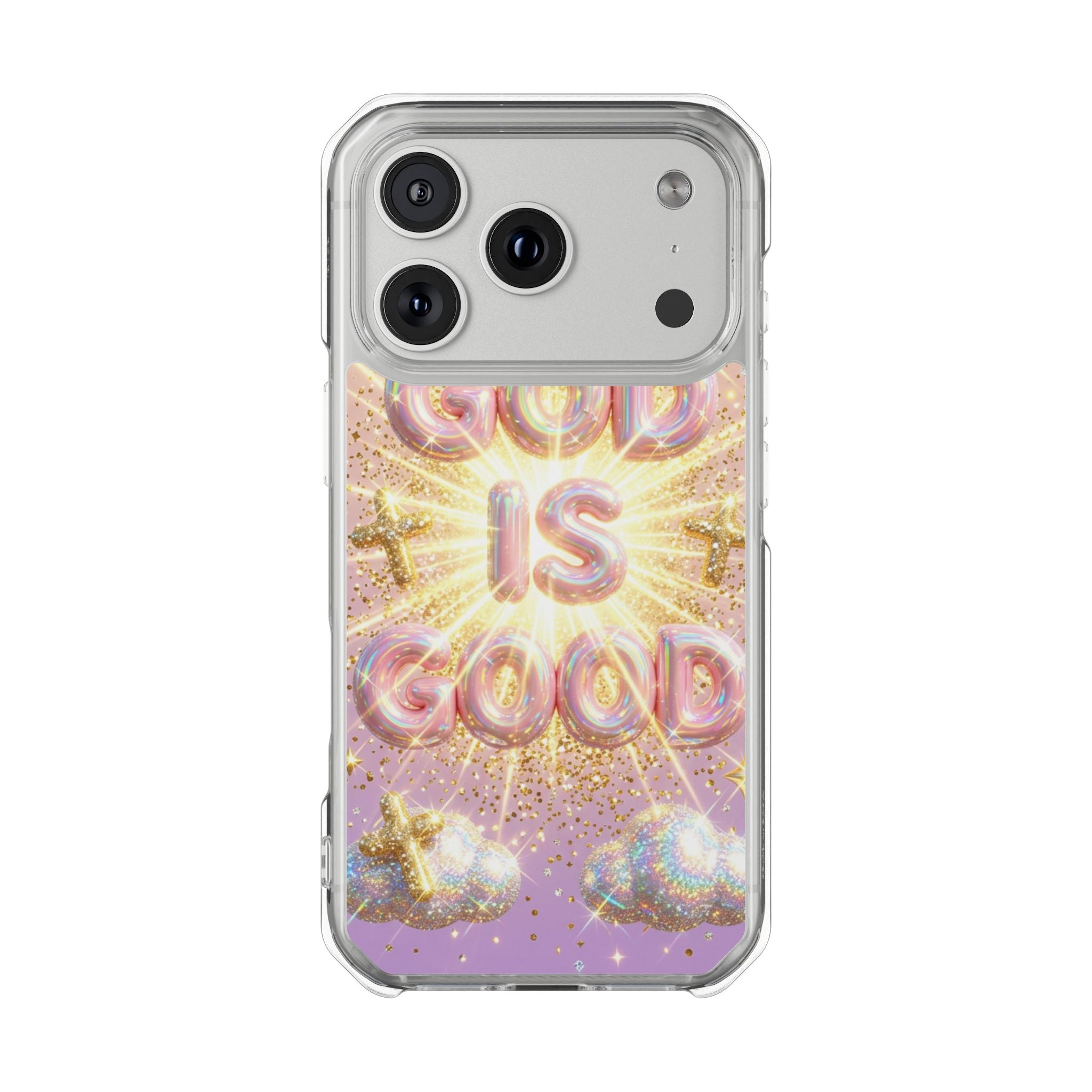 Clear Magnetic Phone Case — "God Is Good" Glitter Cross Design