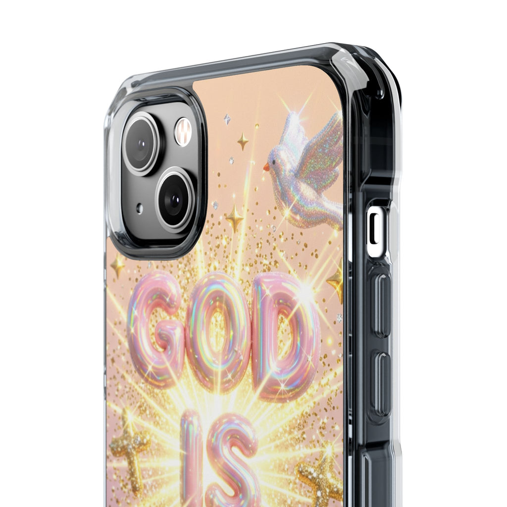 Clear Magnetic Phone Case — "God Is Good" Glitter Cross Design