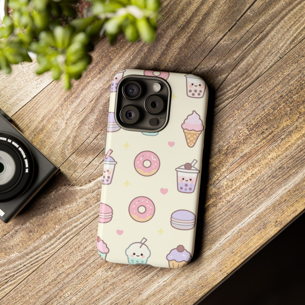 Kawaii Sweets Pattern Phone Case — Cute Donut, Cupcake & Bubble Tea Tough Case
