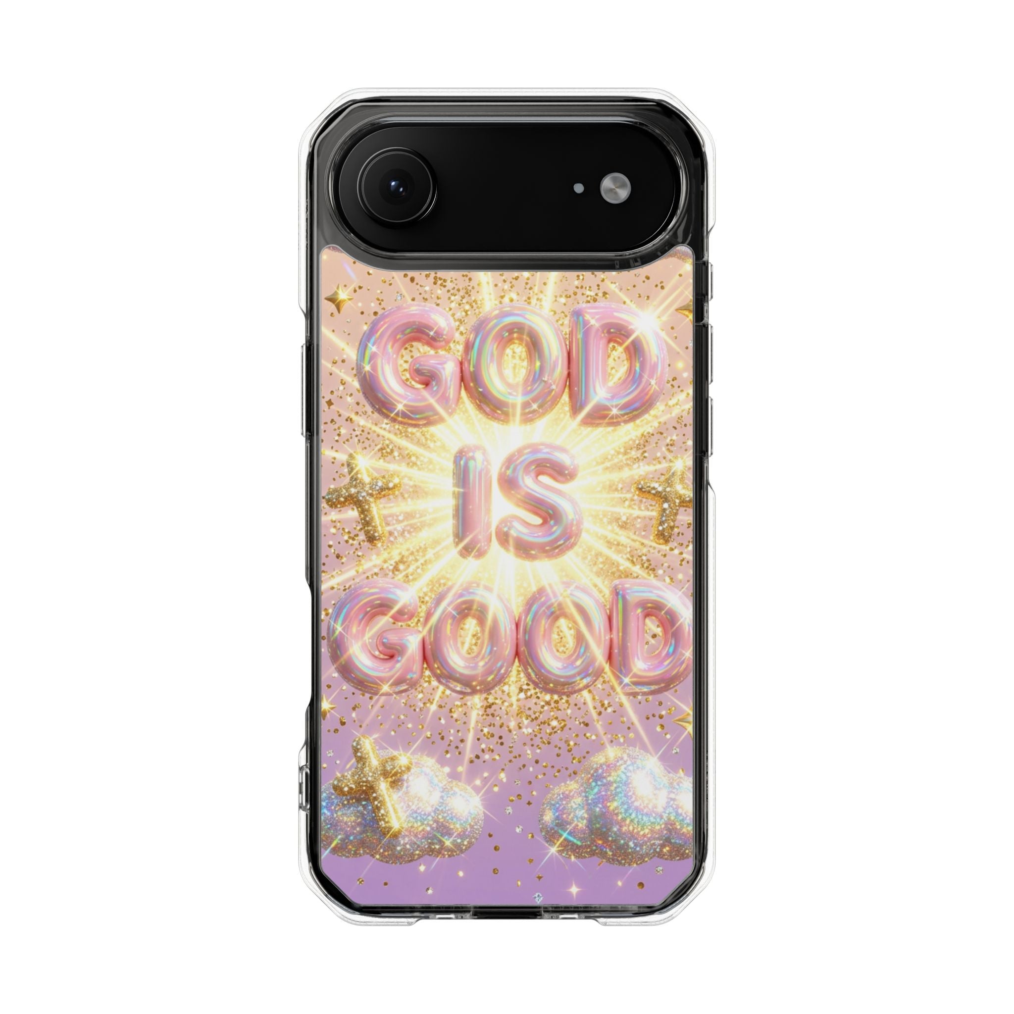Clear Magnetic Phone Case — "God Is Good" Glitter Cross Design