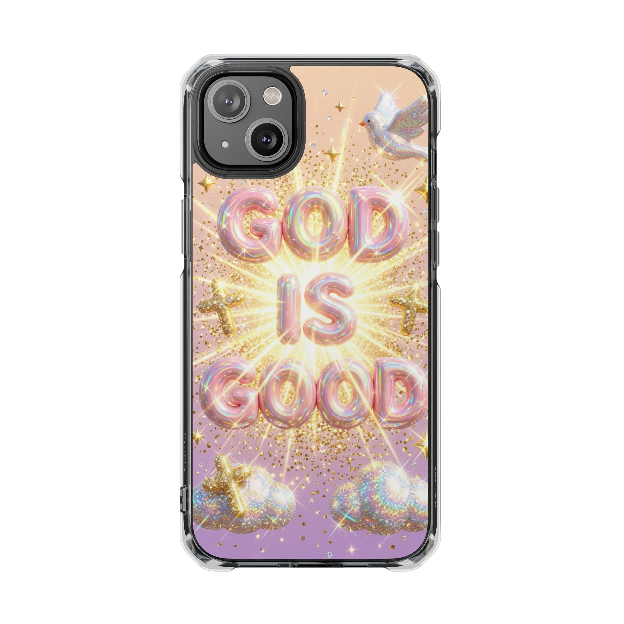 Clear Magnetic Phone Case — "God Is Good" Glitter Cross Design
