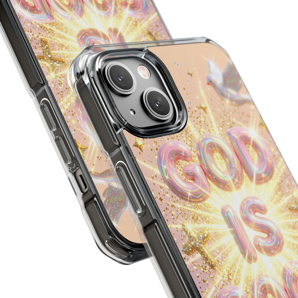 Clear Magnetic Phone Case — "God Is Good" Glitter Cross Design
