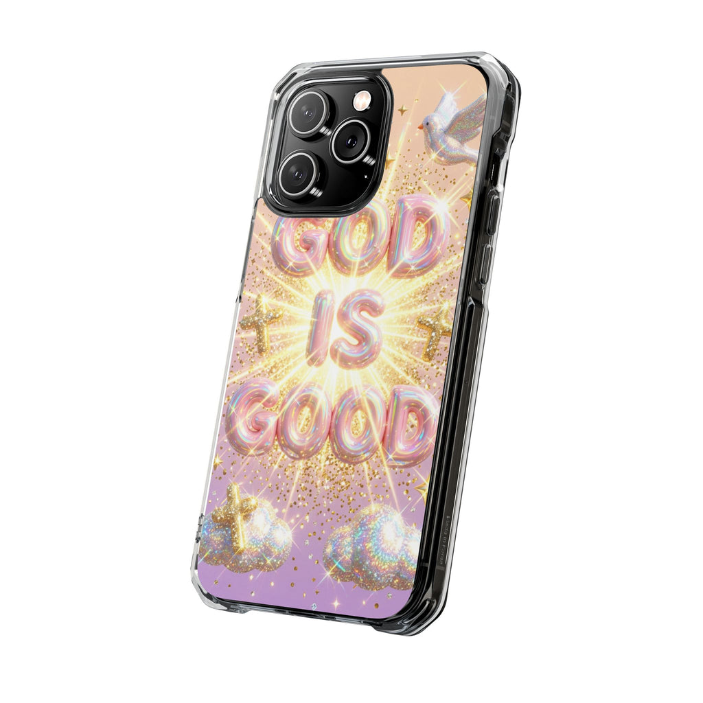 Clear Magnetic Phone Case — "God Is Good" Glitter Cross Design