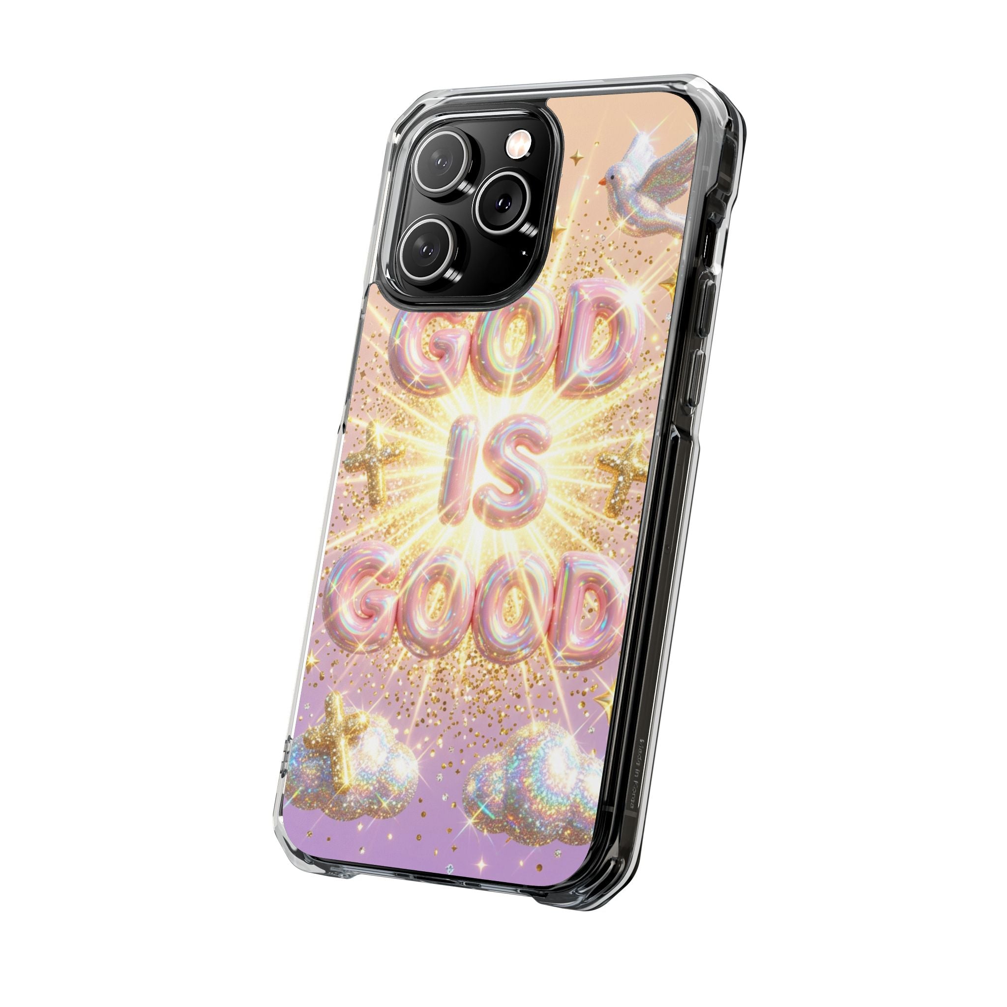 Clear Magnetic Phone Case — "God Is Good" Glitter Cross Design