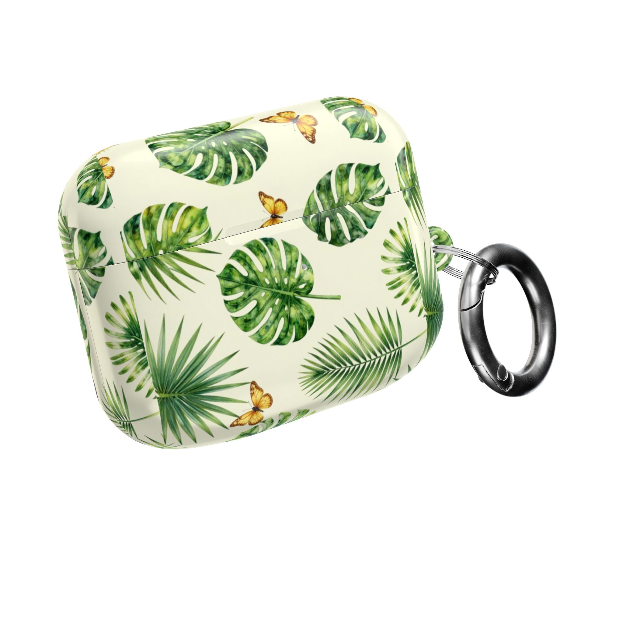 Tropical Leaf AirPod Case — Green Monstera & Palm Leaves with Butterflies