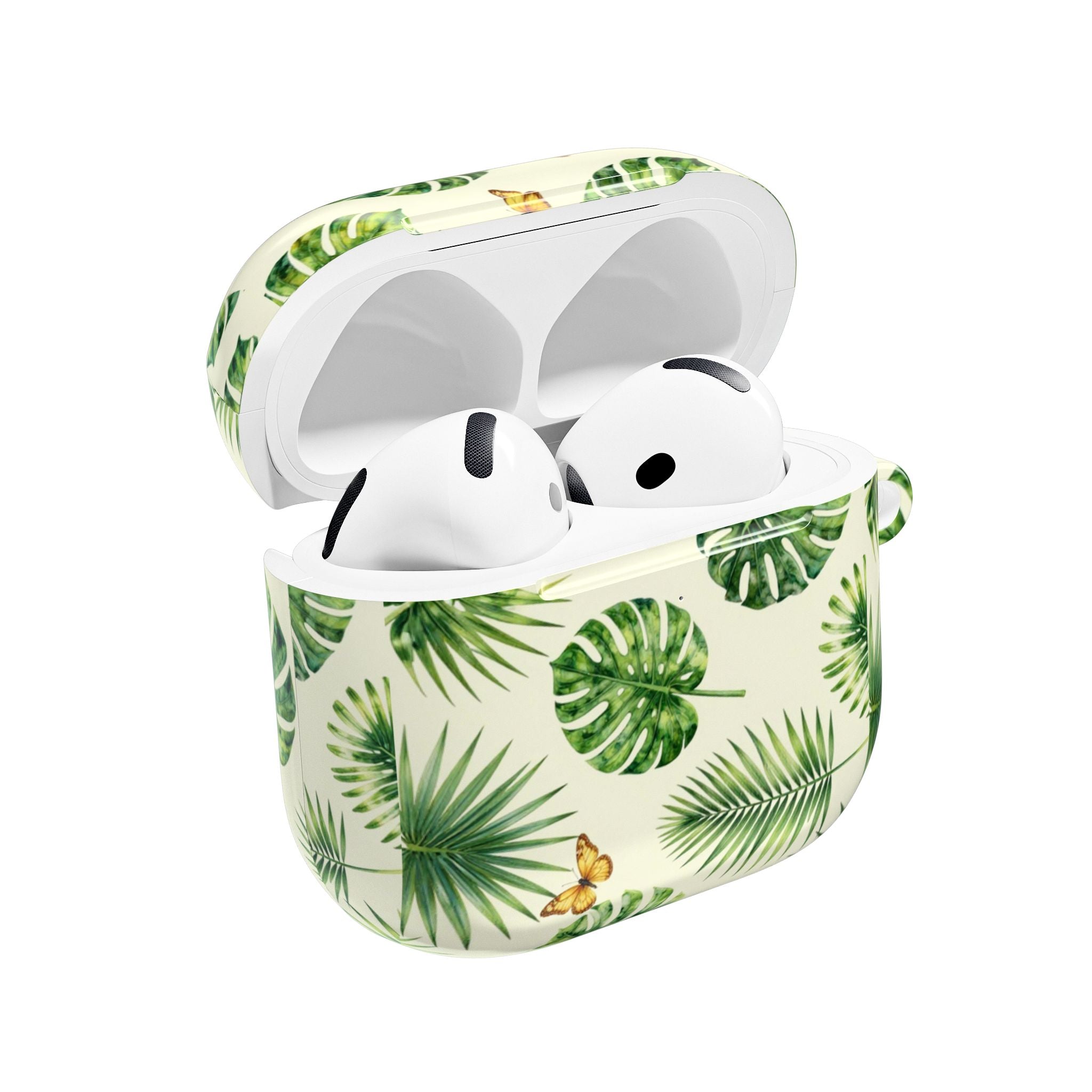 Tropical Leaf AirPod Case — Green Monstera & Palm Leaves with Butterflies