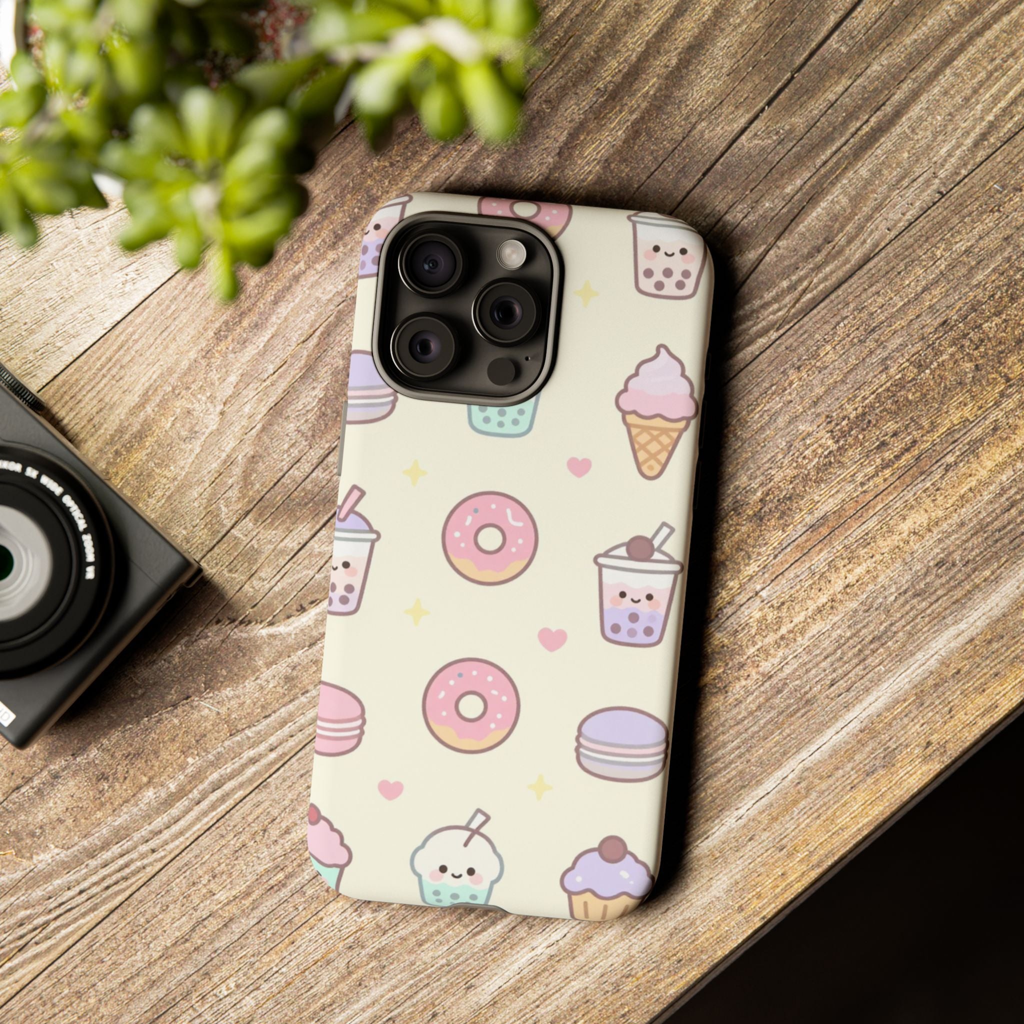 Kawaii Sweets Pattern Phone Case — Cute Donut, Cupcake & Bubble Tea Tough Case