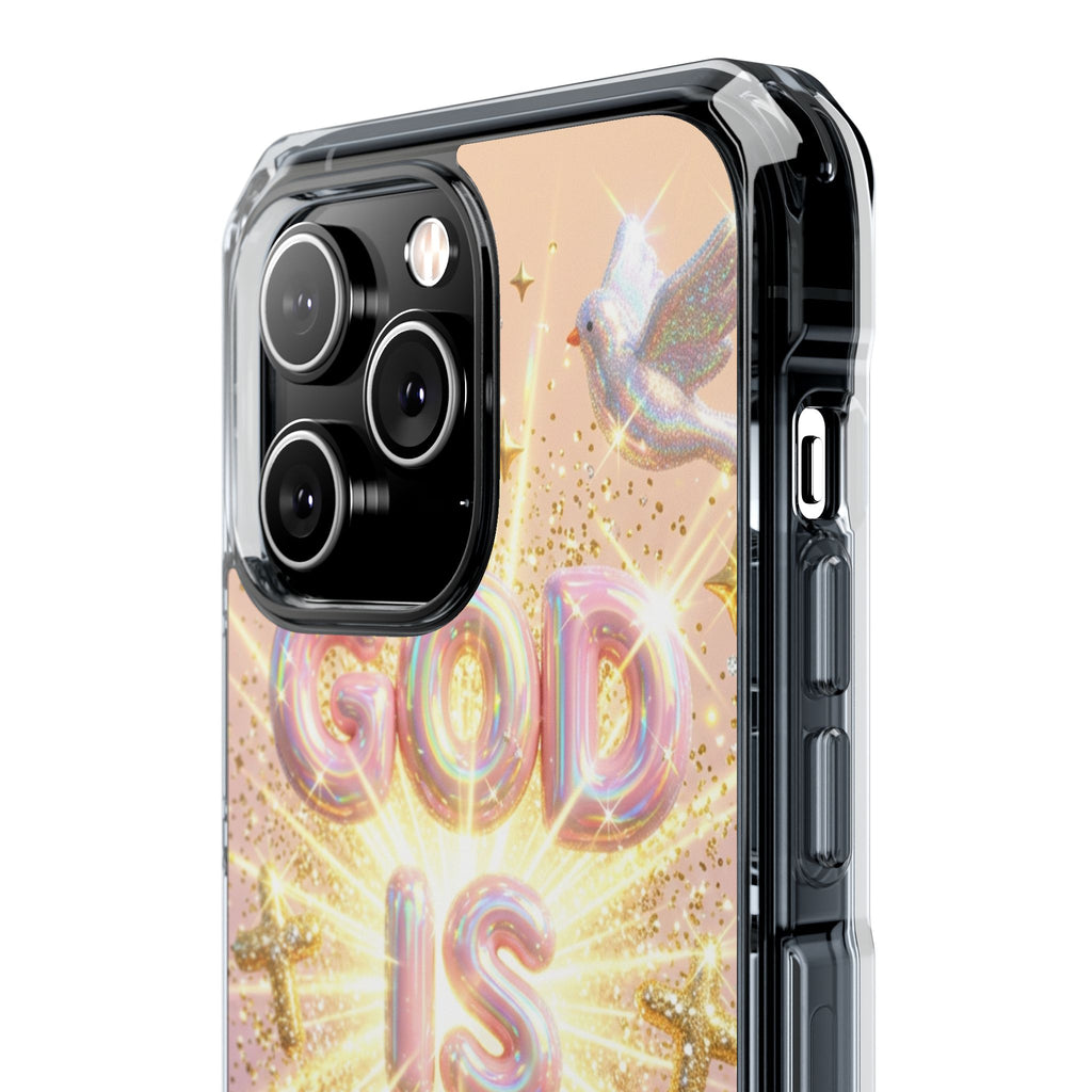 Clear Magnetic Phone Case — "God Is Good" Glitter Cross Design