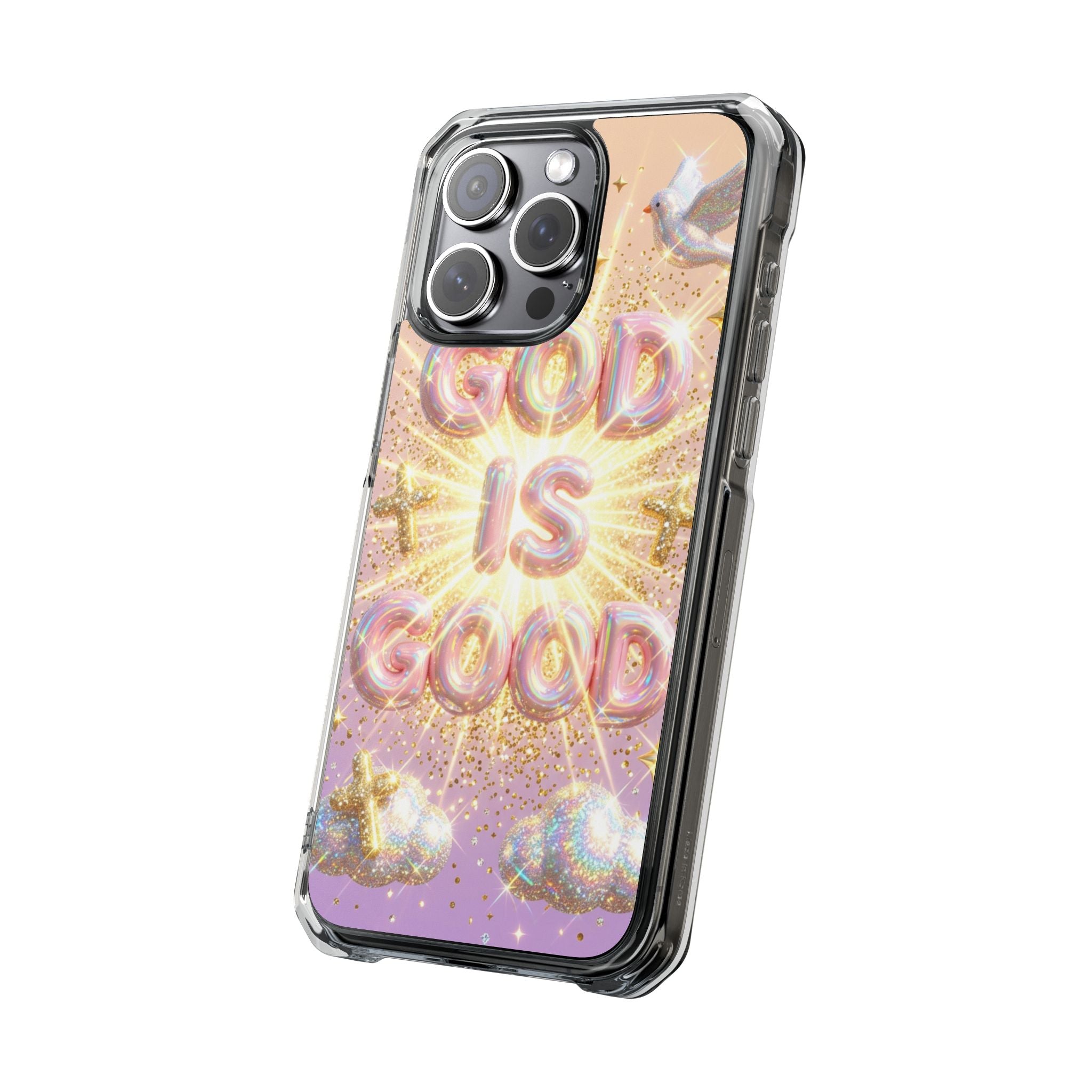 Clear Magnetic Phone Case — "God Is Good" Glitter Cross Design
