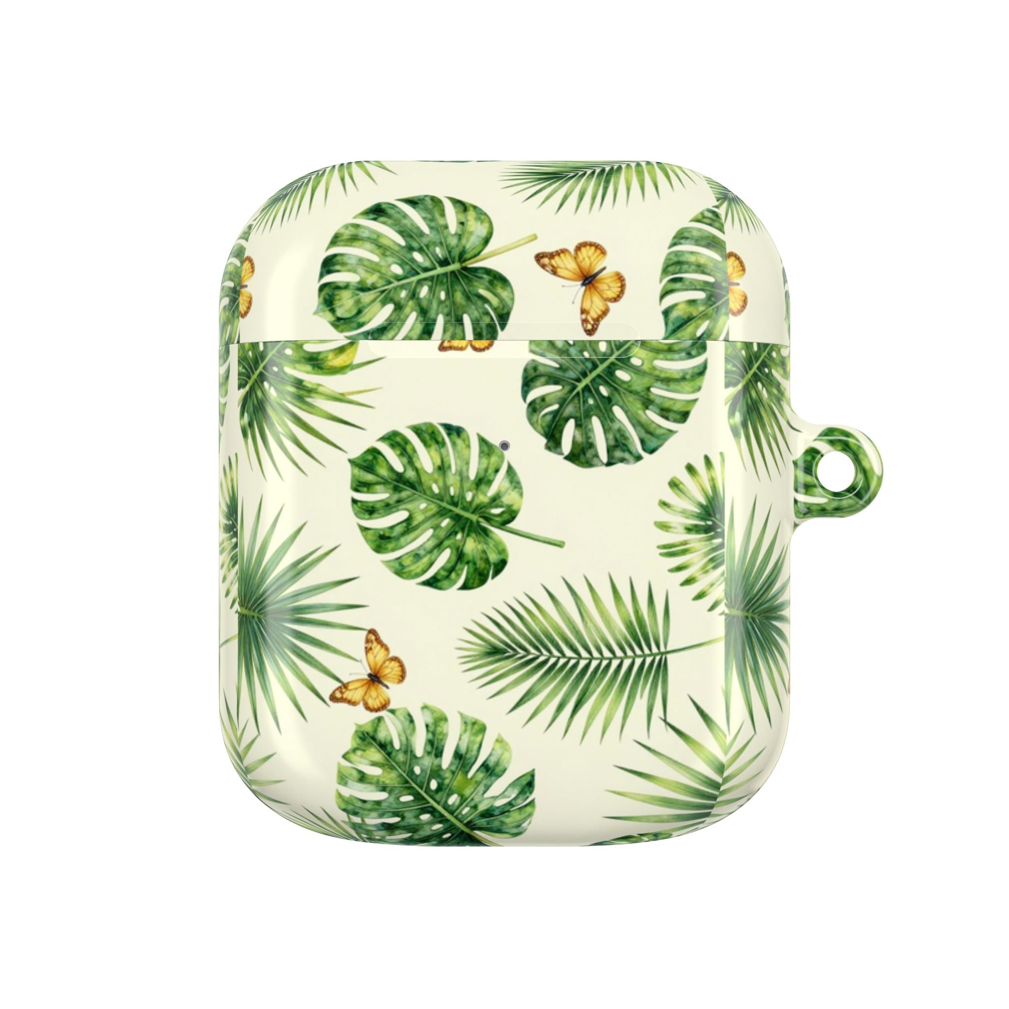Tropical Leaf AirPod Case — Green Monstera & Palm Leaves with Butterflies