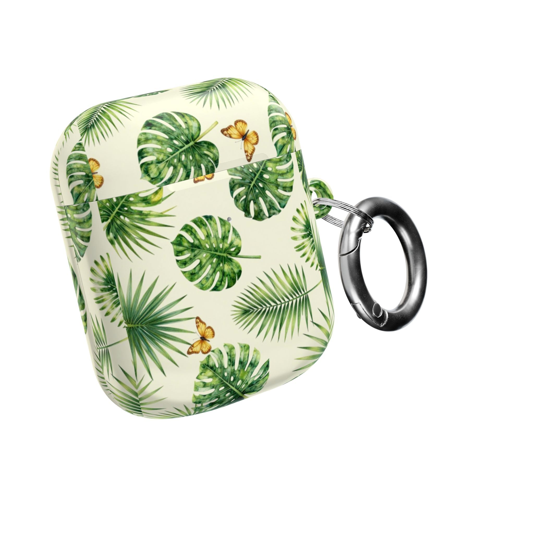 Tropical Leaf AirPod Case — Green Monstera & Palm Leaves with Butterflies