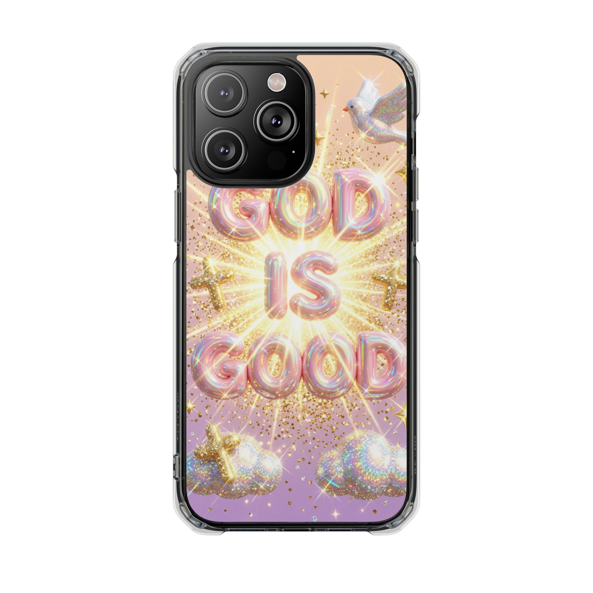 Clear Magnetic Phone Case — "God Is Good" Glitter Cross Design