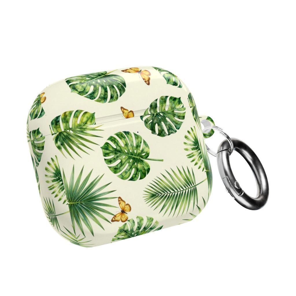 Tropical Leaf AirPod Case — Green Monstera & Palm Leaves with Butterflies