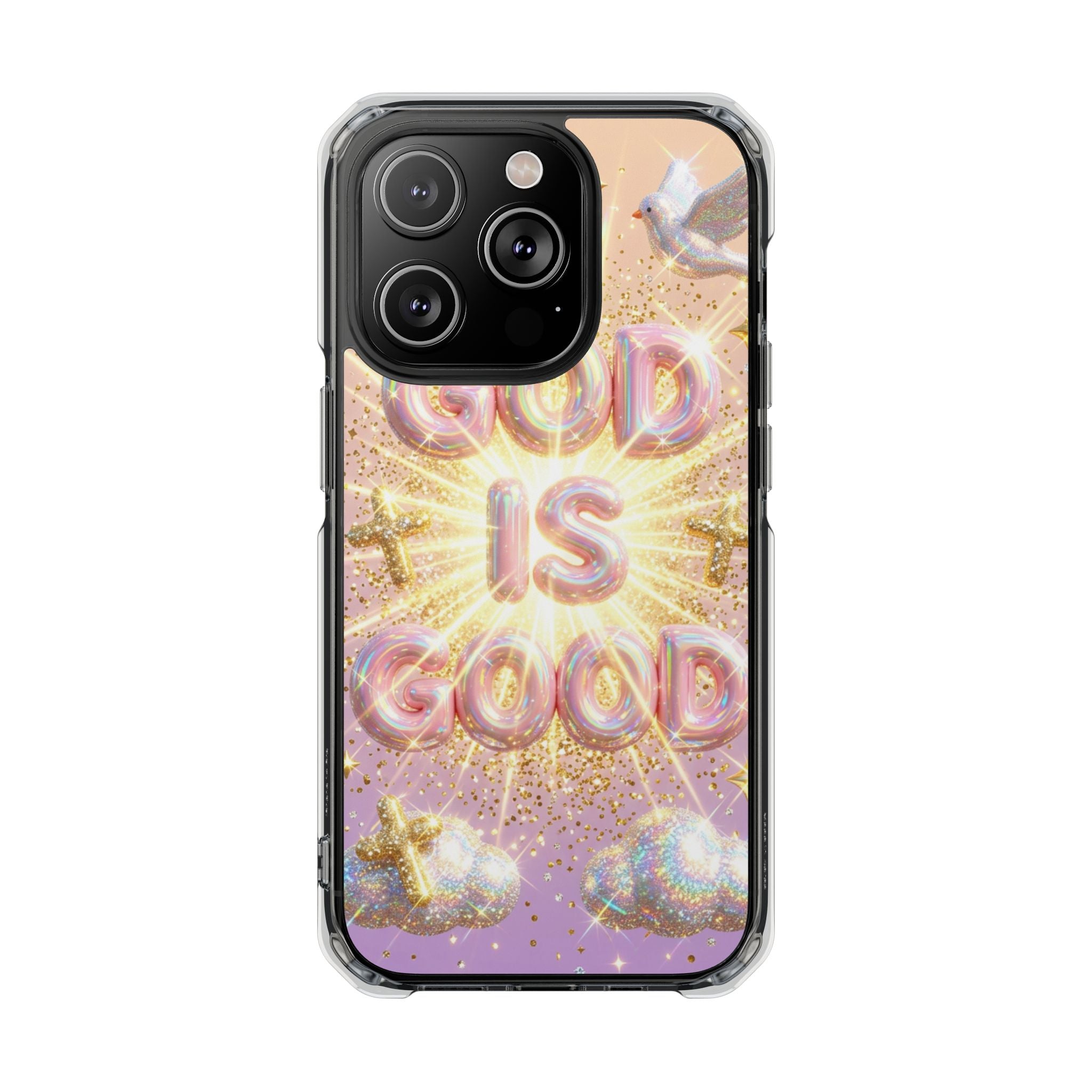 Clear Magnetic Phone Case — "God Is Good" Glitter Cross Design
