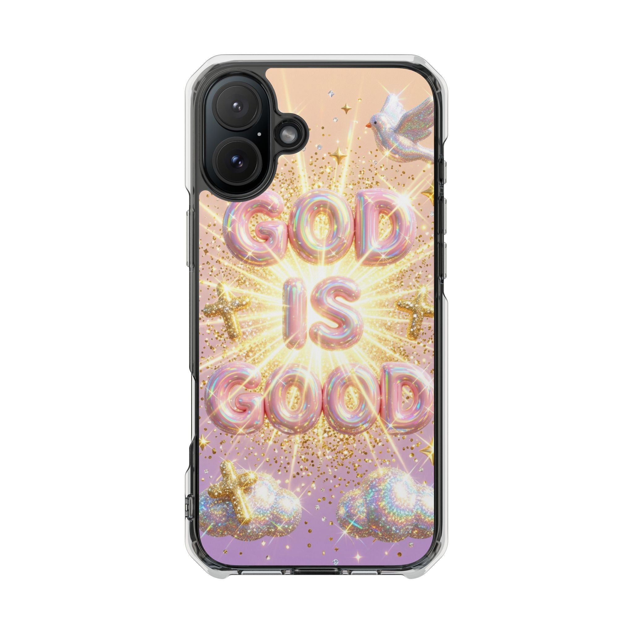 Clear Magnetic Phone Case — "God Is Good" Glitter Cross Design