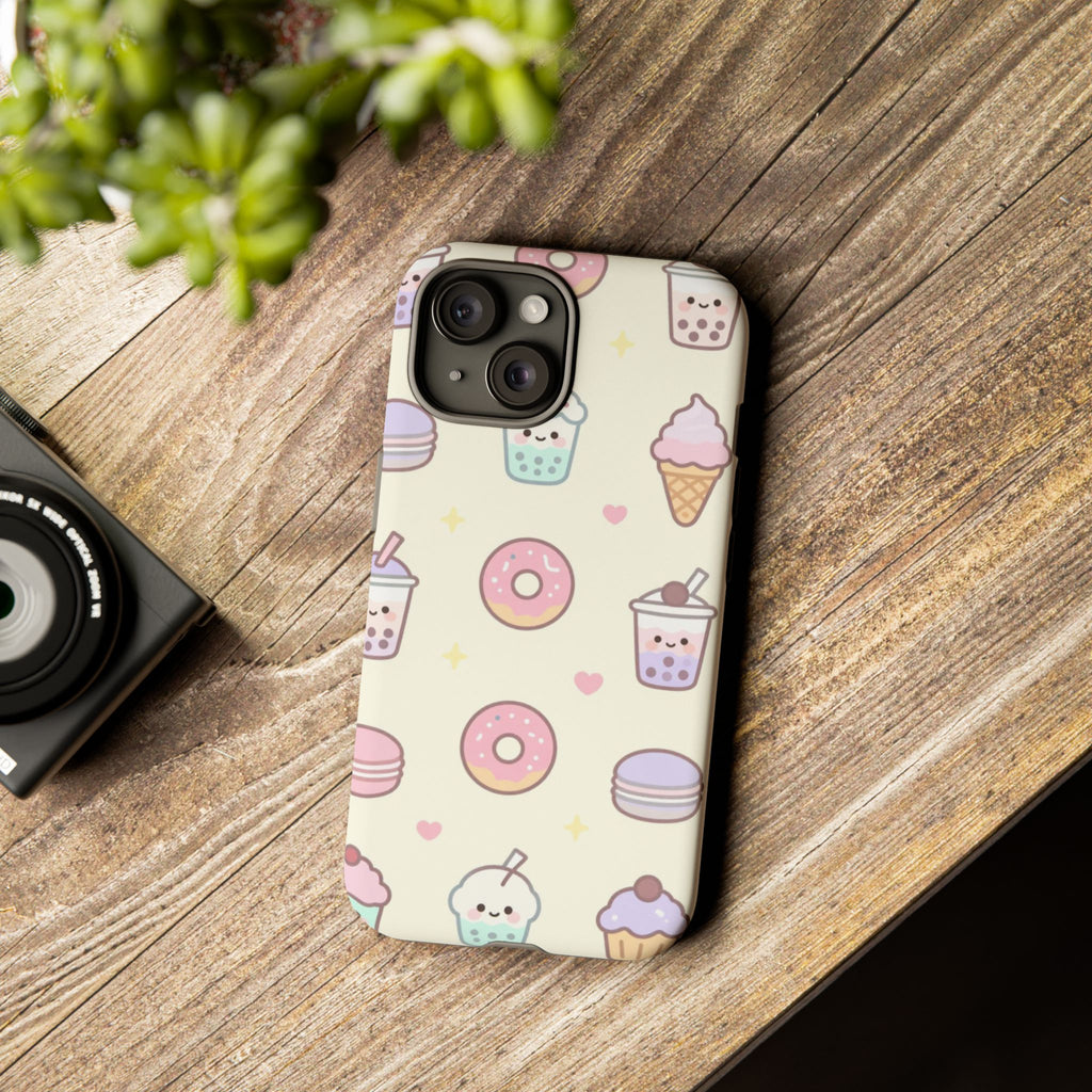 Kawaii Sweets Pattern Phone Case — Cute Donut, Cupcake & Bubble Tea Tough Case