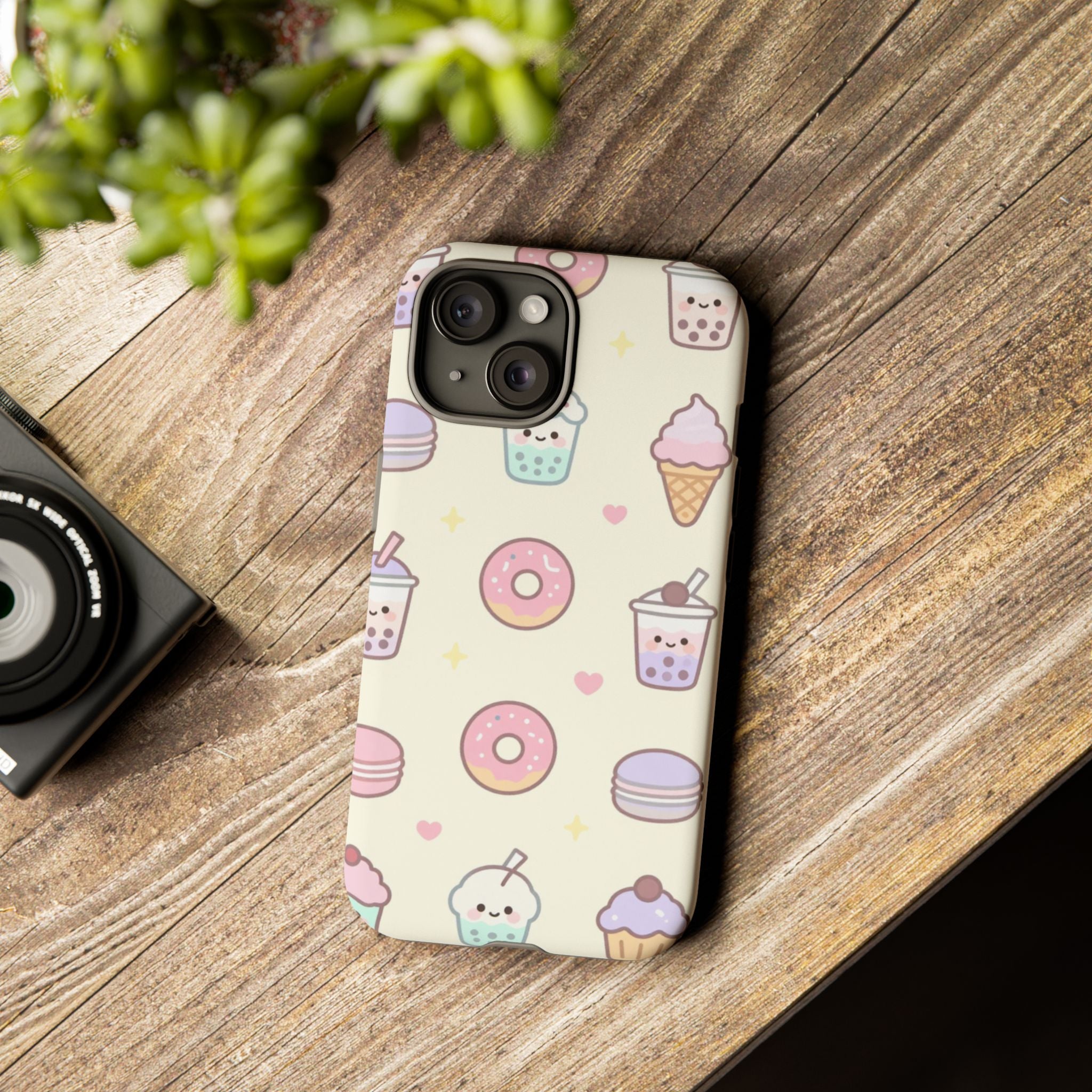 Kawaii Sweets Pattern Phone Case — Cute Donut, Cupcake & Bubble Tea Tough Case