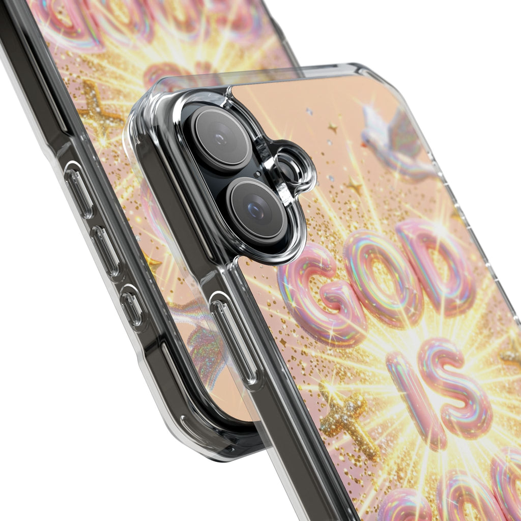 Clear Magnetic Phone Case — "God Is Good" Glitter Cross Design
