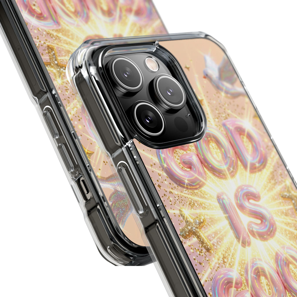 Clear Magnetic Phone Case — "God Is Good" Glitter Cross Design