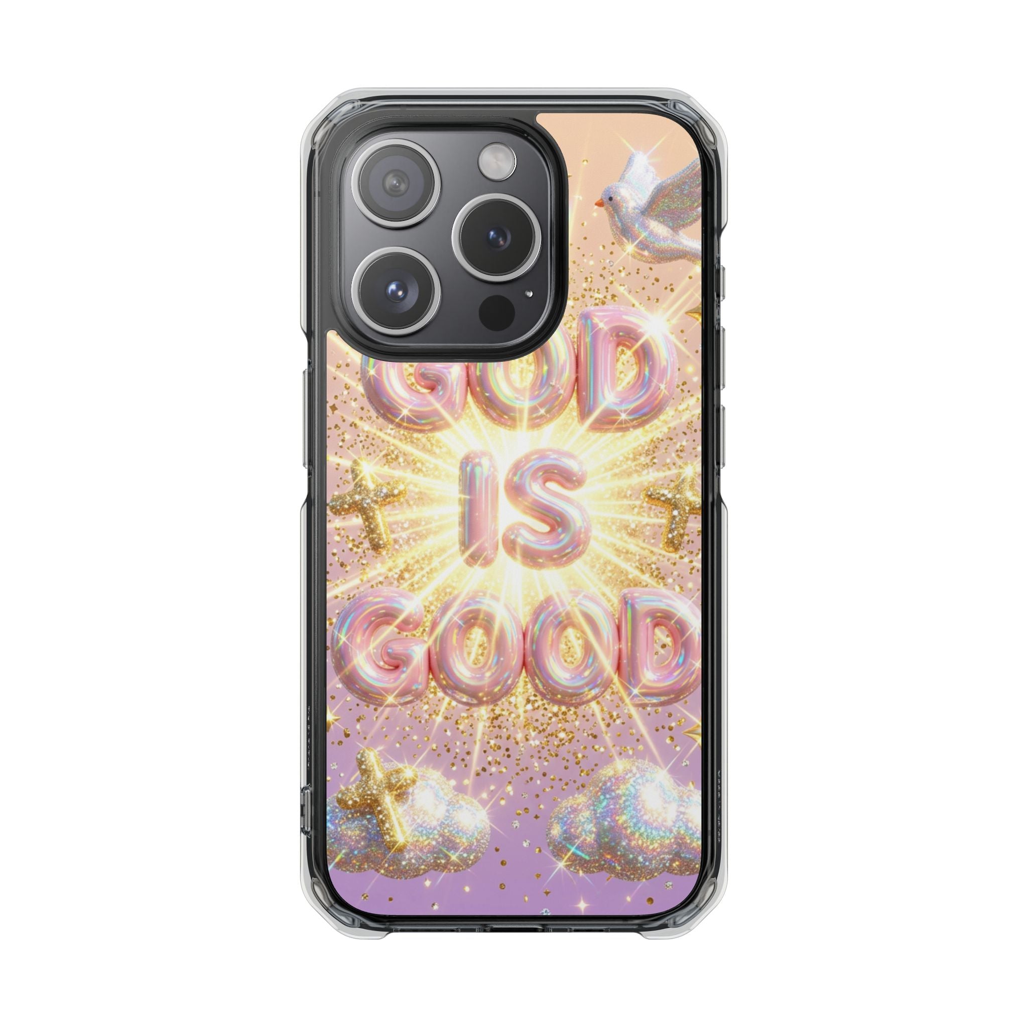 Clear Magnetic Phone Case — "God Is Good" Glitter Cross Design