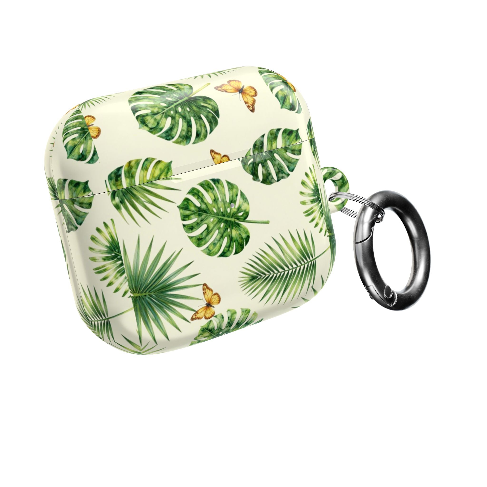 Tropical Leaf AirPod Case — Green Monstera & Palm Leaves with Butterflies