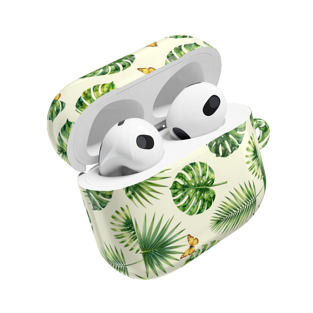 Tropical Leaf AirPod Case — Green Monstera & Palm Leaves with Butterflies