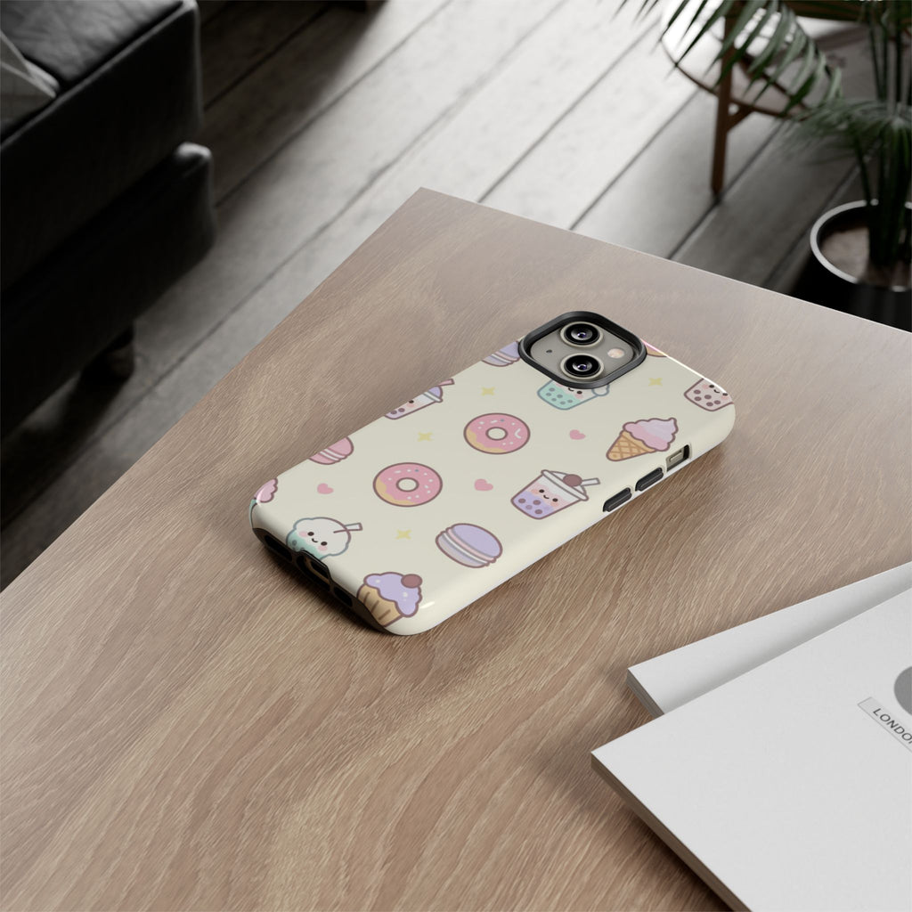 Kawaii Sweets Pattern Phone Case — Cute Donut, Cupcake & Bubble Tea Tough Case