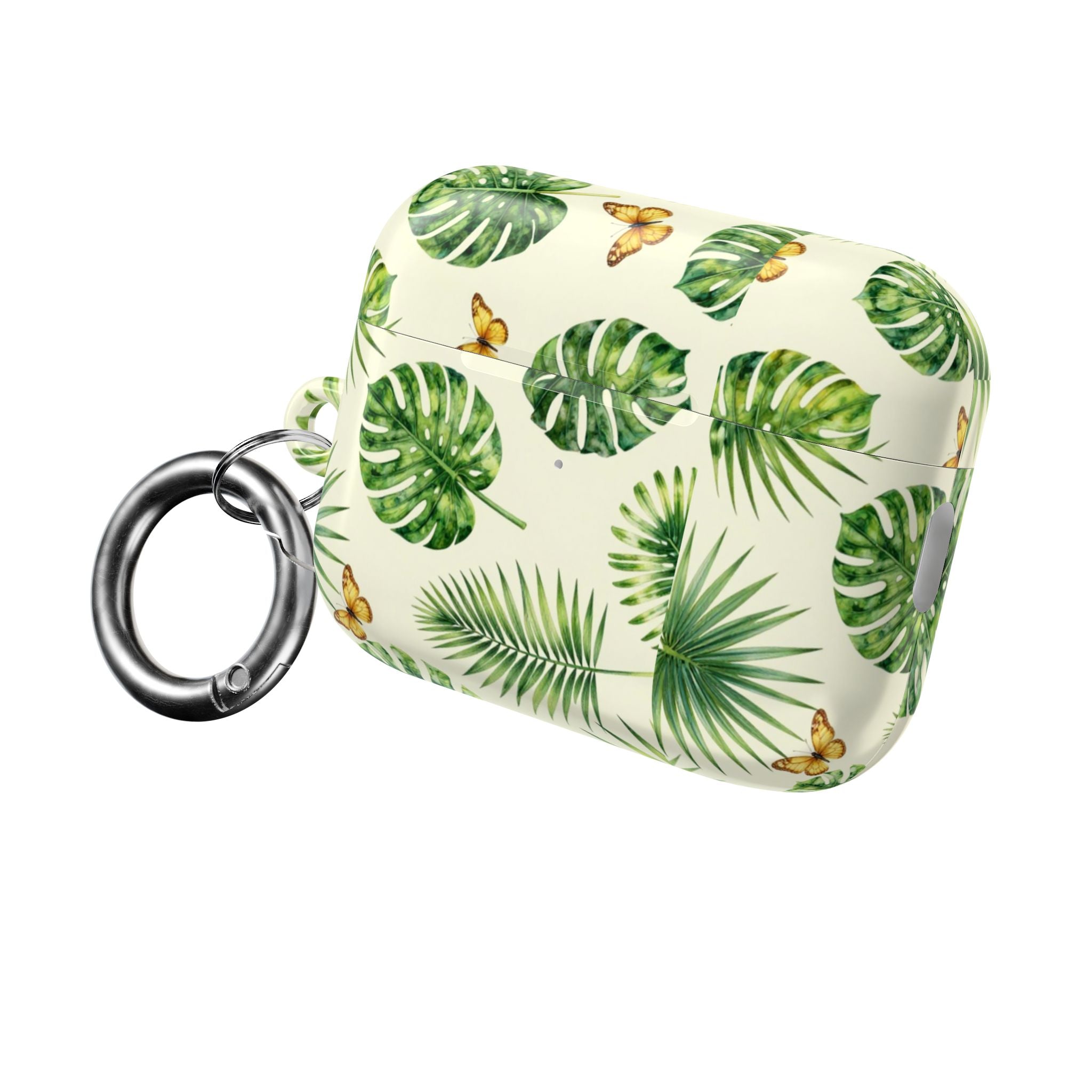 Tropical Leaf AirPod Case — Green Monstera & Palm Leaves with Butterflies