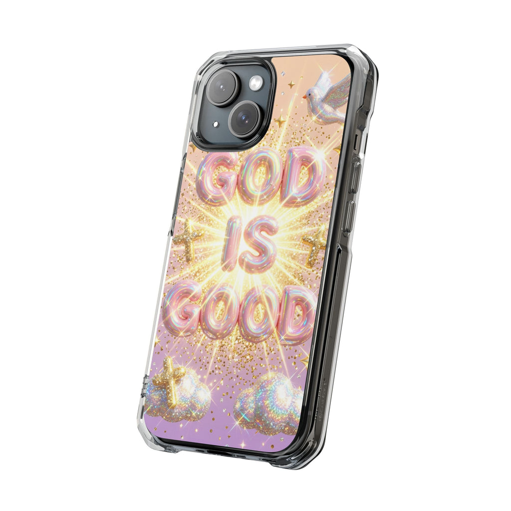 Clear Magnetic Phone Case — "God Is Good" Glitter Cross Design