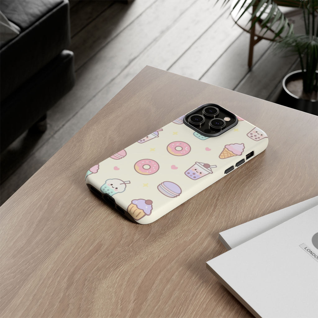 Kawaii Sweets Pattern Phone Case — Cute Donut, Cupcake & Bubble Tea Tough Case