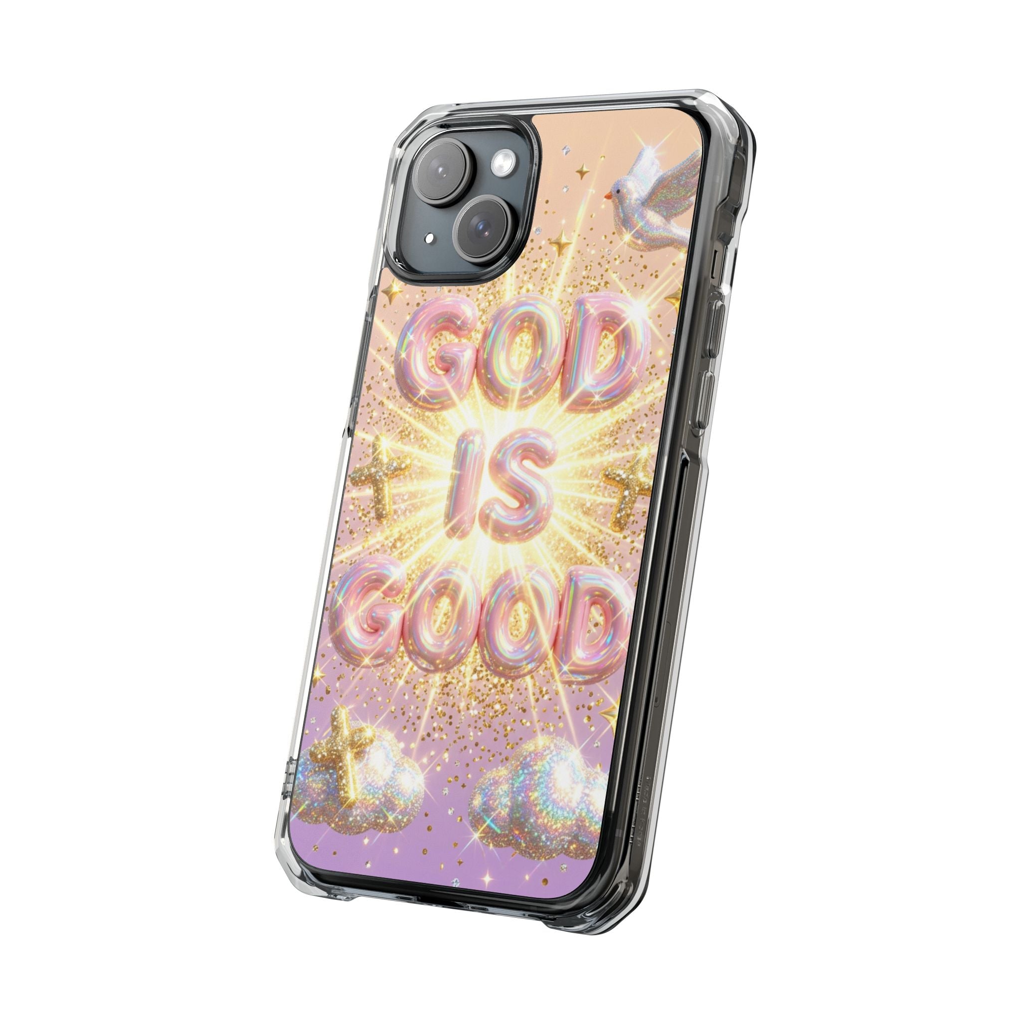 Clear Magnetic Phone Case — "God Is Good" Glitter Cross Design