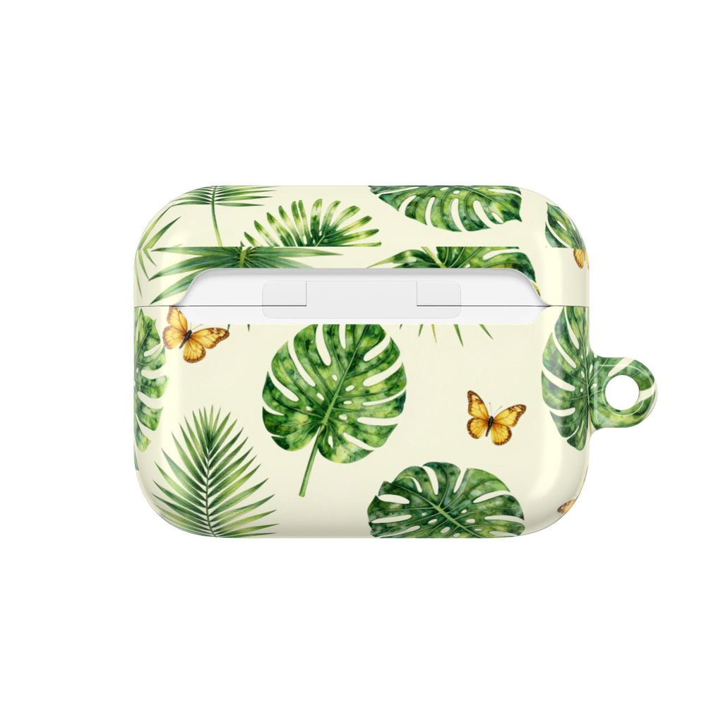 Tropical Leaf AirPod Case — Green Monstera & Palm Leaves with Butterflies