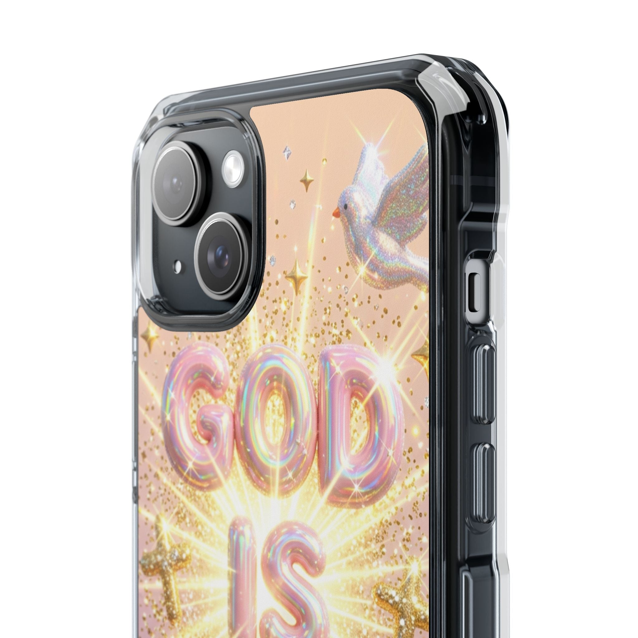 Clear Magnetic Phone Case — "God Is Good" Glitter Cross Design
