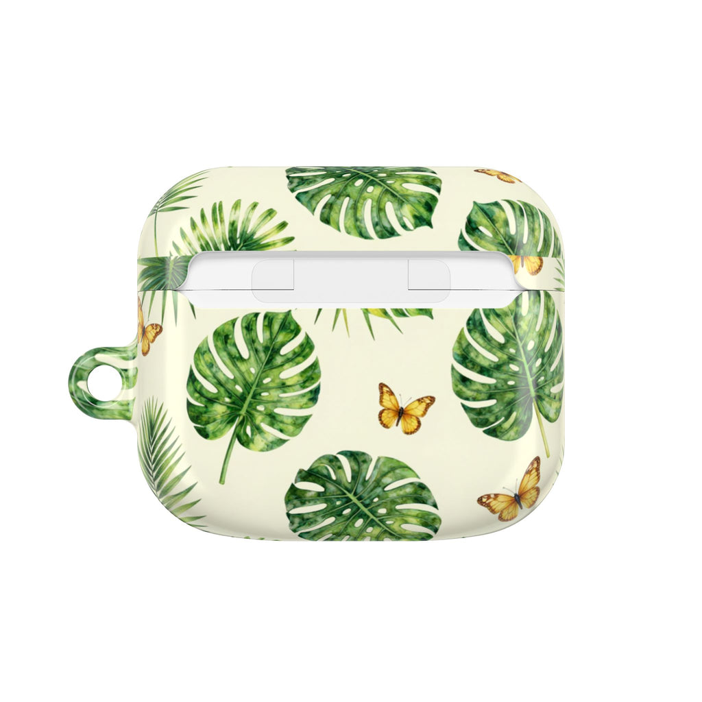 Tropical Leaf AirPod Case — Green Monstera & Palm Leaves with Butterflies