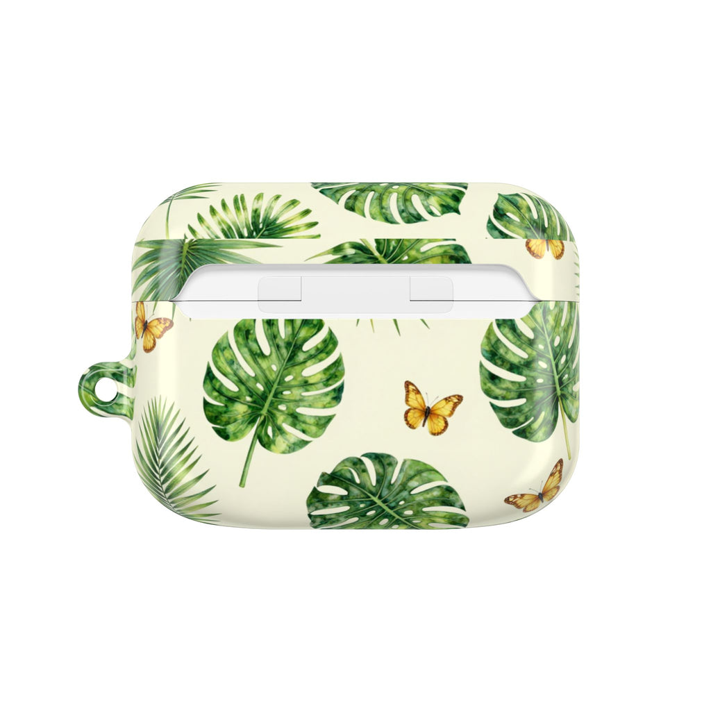 Tropical Leaf AirPod Case — Green Monstera & Palm Leaves with Butterflies