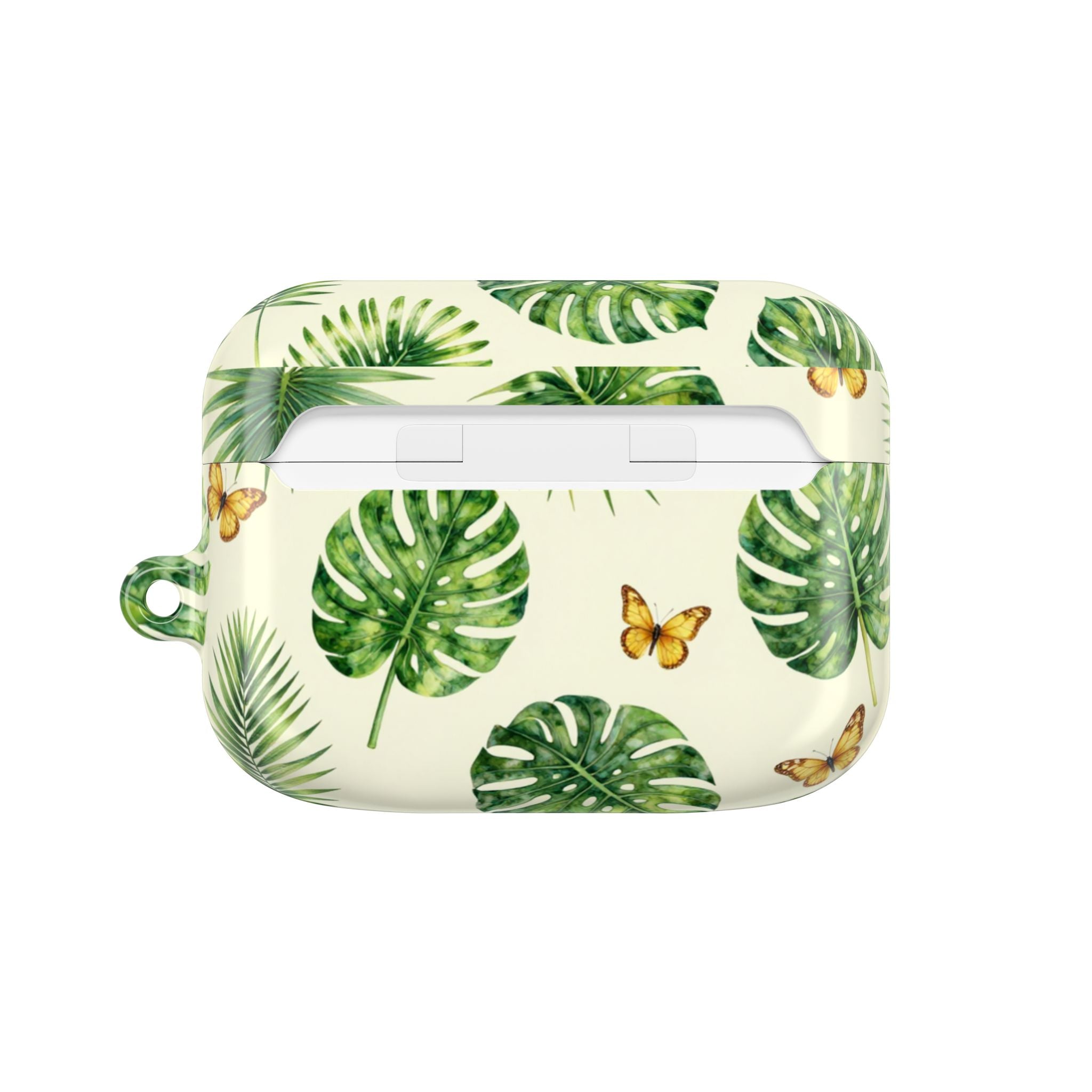 Tropical Leaf AirPod Case — Green Monstera & Palm Leaves with Butterflies